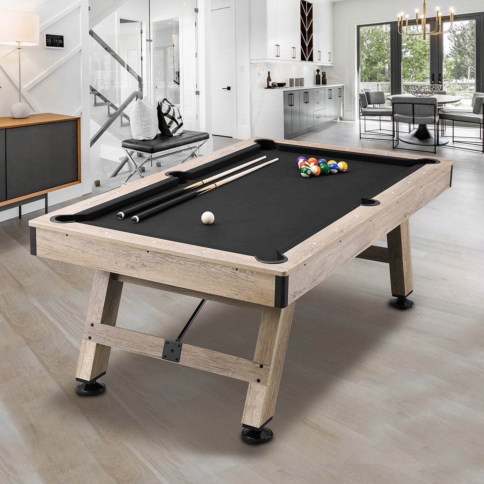 VEVOR Billiards Table, 7 ft Pool Table, Adjust Legs Stable Billiards Table, Pool Table Set Includes Balls, Cues, Chalks and Brush, Wood Color with Black Cloth, Perfect for Family Game Room Kids Adults 