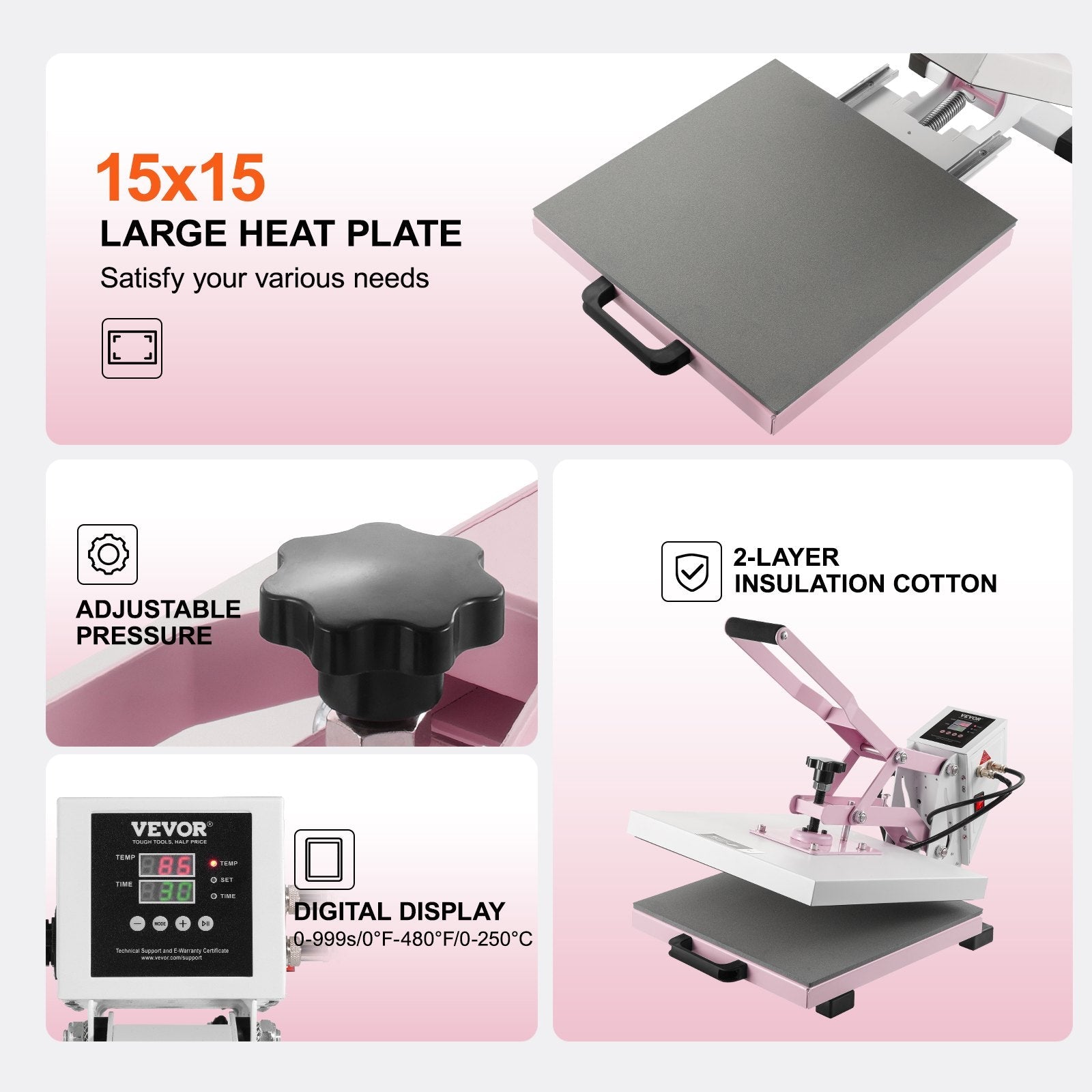 VEVOR Heat Press Machine 15x15 in Slide Out Heat Transfer Machine T-Shirts Pink 