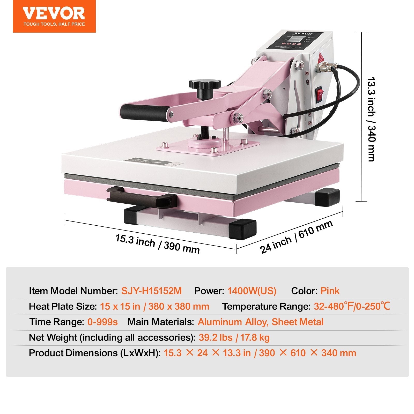 VEVOR Heat Press Machine 15x15 in Slide Out Heat Transfer Machine T-Shirts Pink 