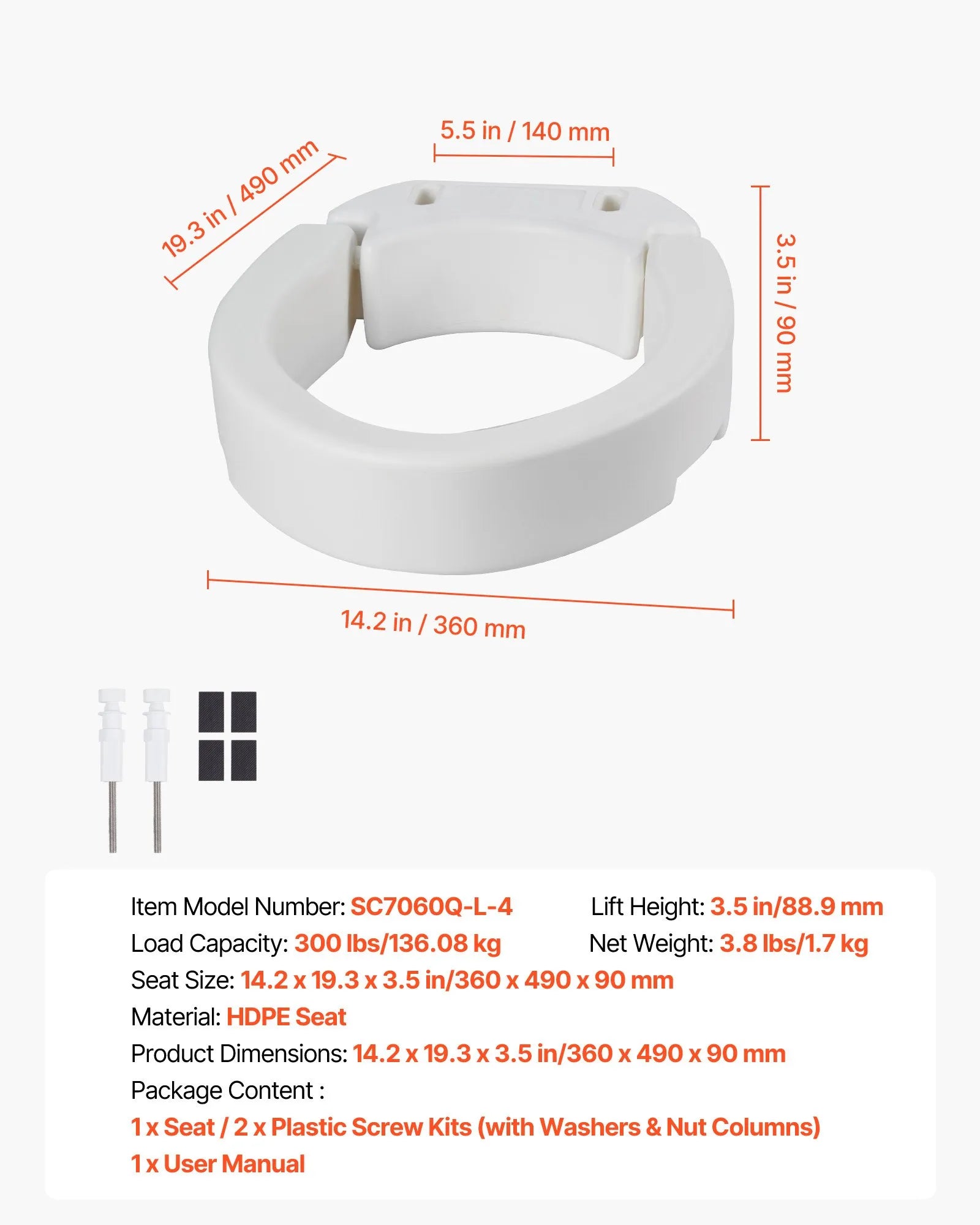 3.5-Inch Raised Toilet Seat for Elongated Toilets, 300 lb Capacity, Elevated Toilet Seat Riser for Seniors & Adults