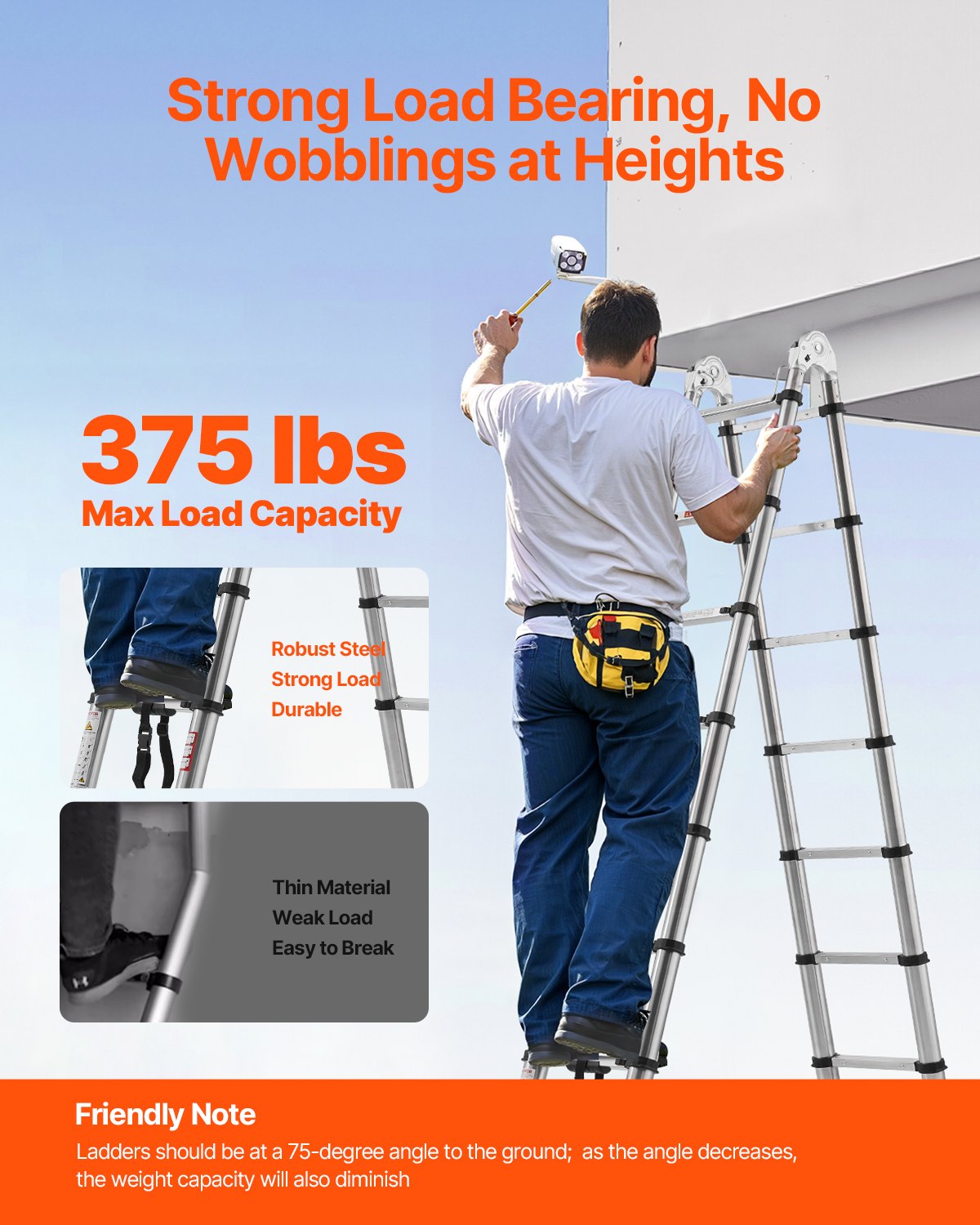 VEVOR Telescoping Ladder A-Frame Stainless Steel 16.5 ft Extension Ladders 