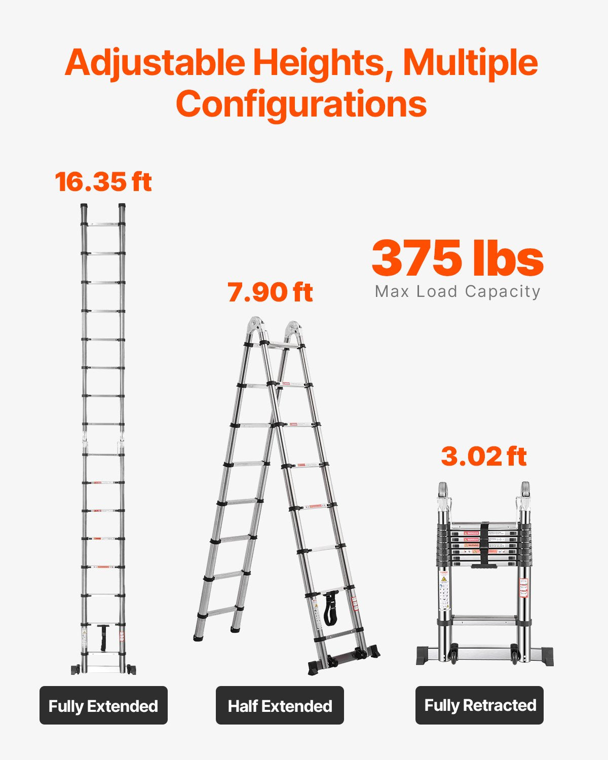 VEVOR Telescoping Ladder A-Frame Stainless Steel 16.5 ft Extension Ladders 