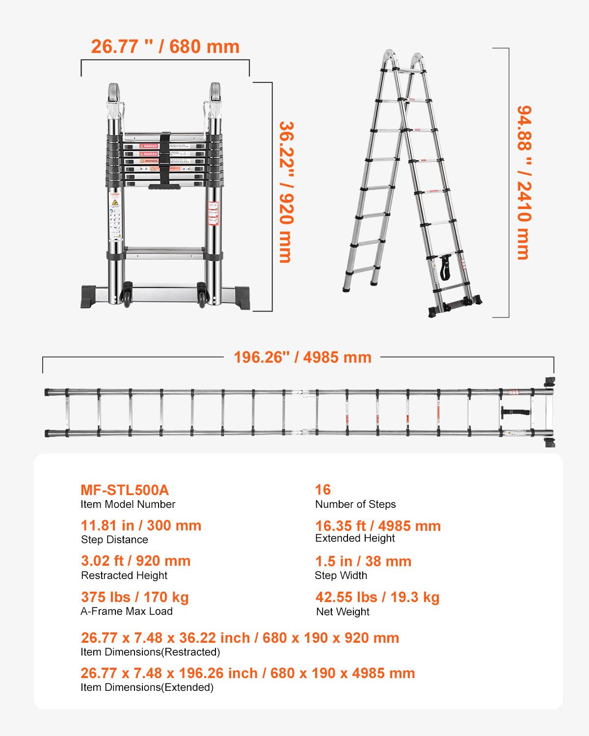 VEVOR Telescoping Ladder A-Frame Stainless Steel 16.5 ft Extension Ladders 
