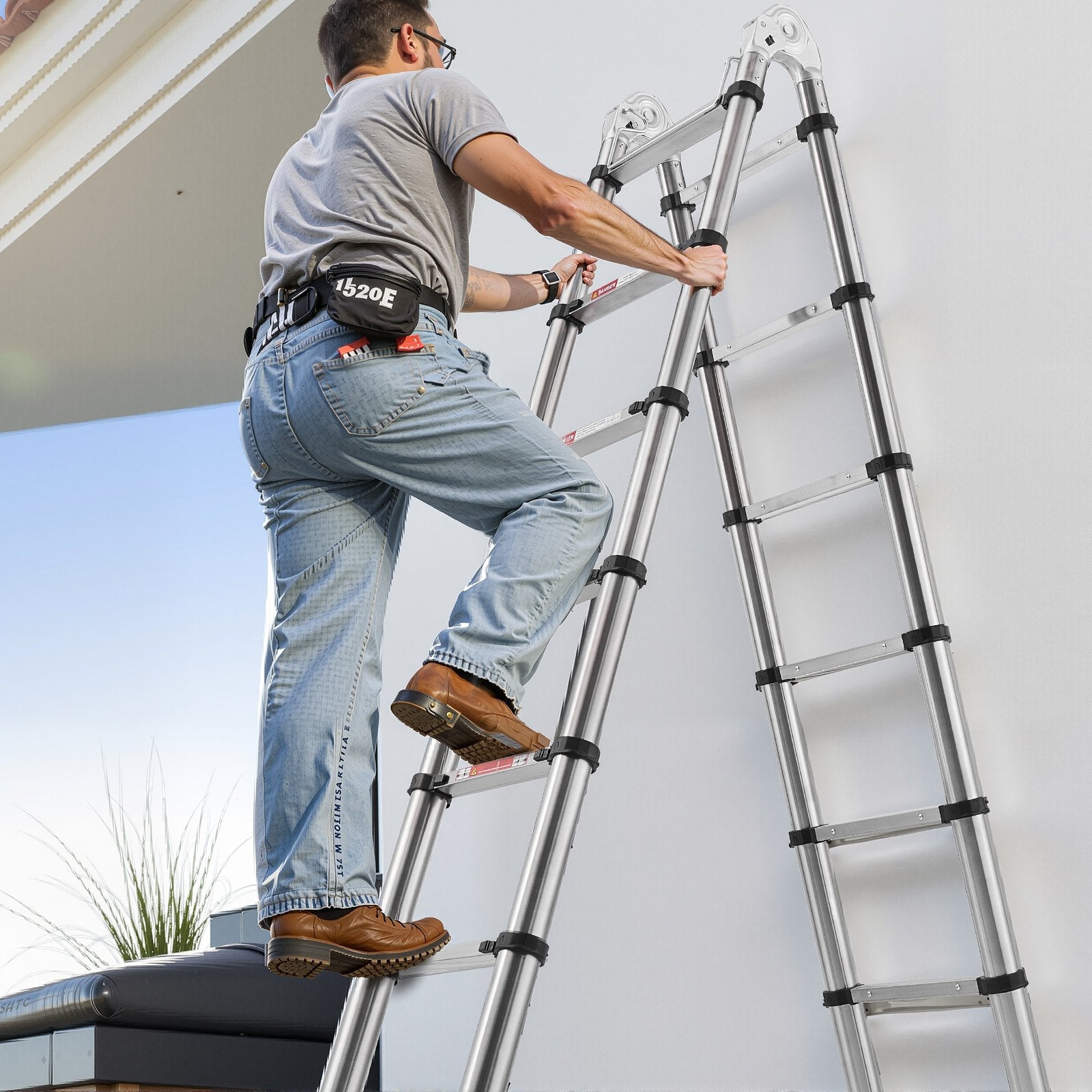 VEVOR Telescoping Ladder A-Frame Stainless Steel 16.5 ft Extension Ladders 