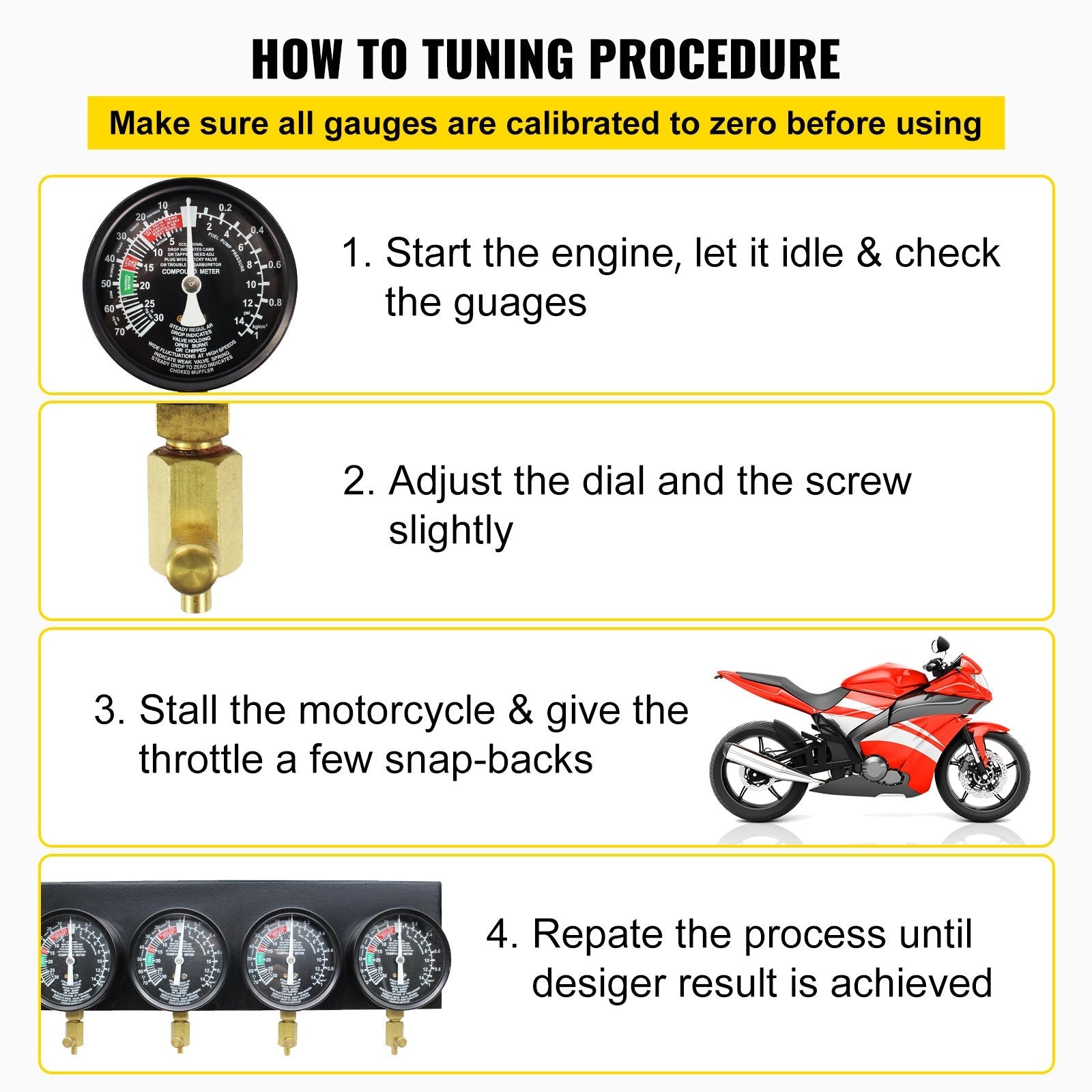 Pro Fuel Vacuum Carburetor Synchronizer carb sync Gauge Set Rubber Hose 