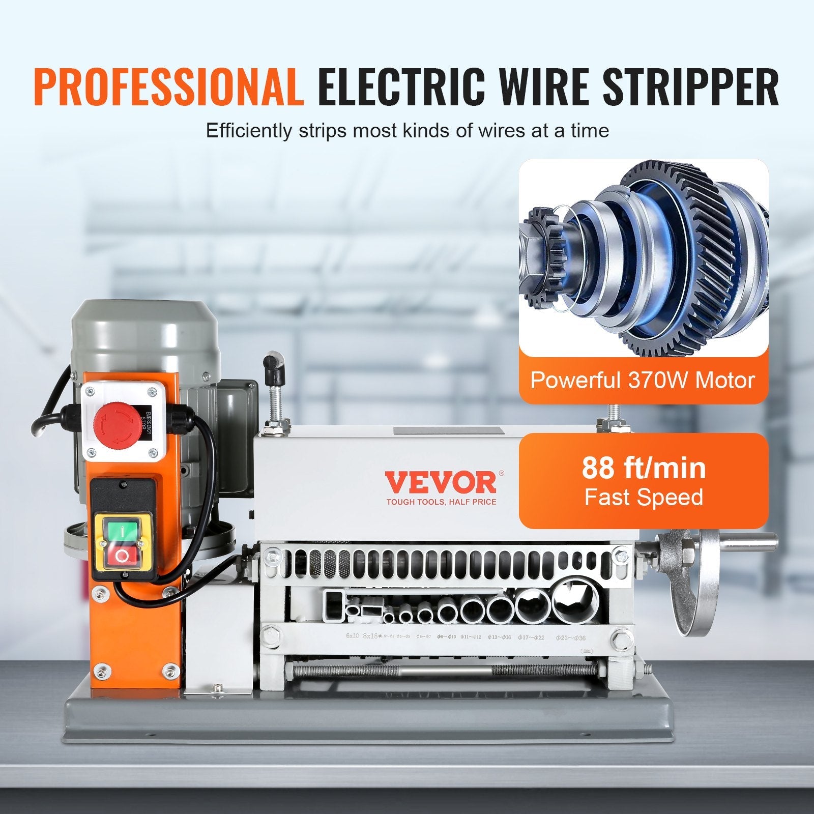 VEVOR Automatic Wire Stripping Machine, 0.06''-1.42'' Electric Motorized Cable Stripper, 370 W, 88 ft/min Wire Peeler with An Extra Manual Crank, 11 Channels for Scrap Copper Recycling 