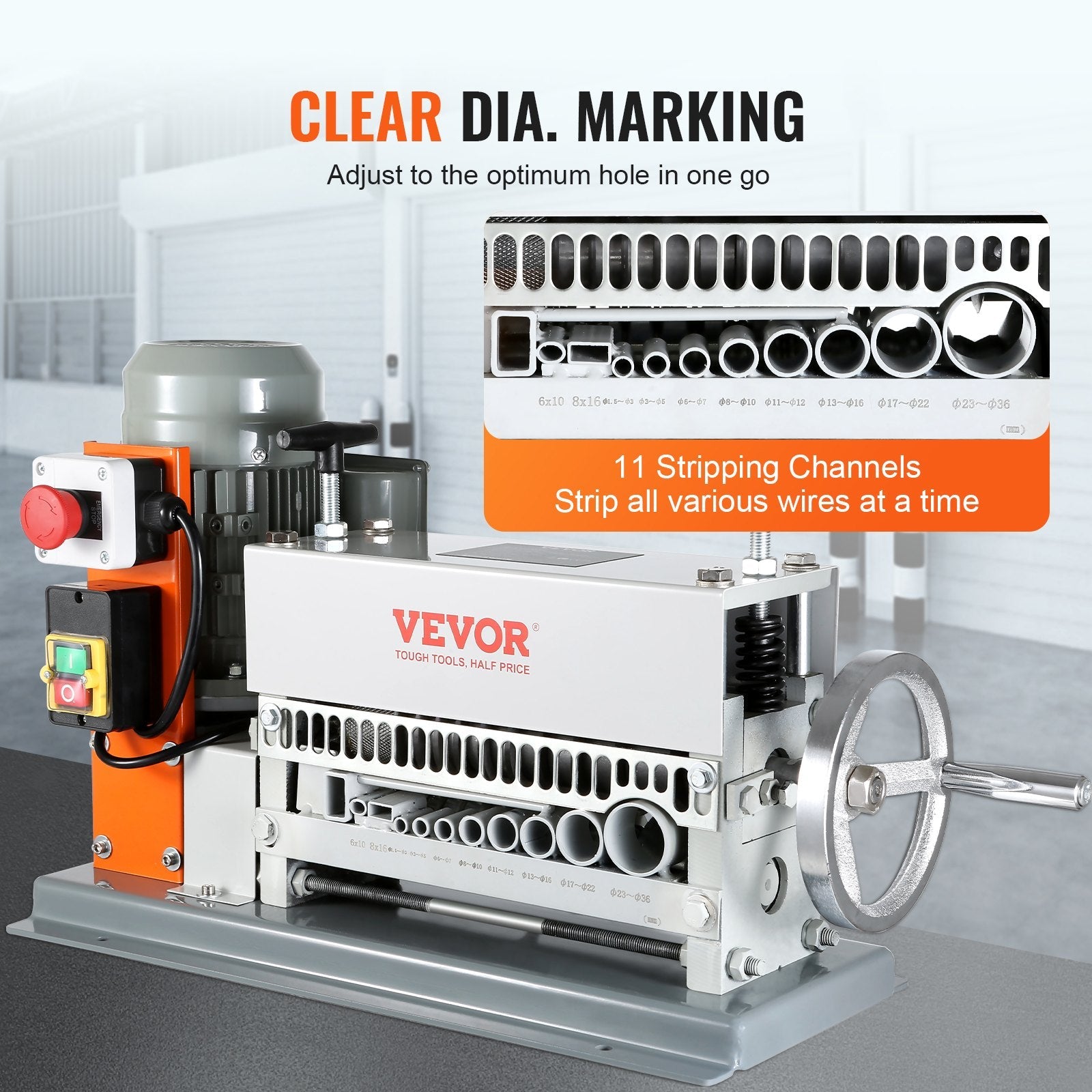 VEVOR Automatic Wire Stripping Machine, 0.06''-1.42'' Electric Motorized Cable Stripper, 370 W, 88 ft/min Wire Peeler with An Extra Manual Crank, 11 Channels for Scrap Copper Recycling 