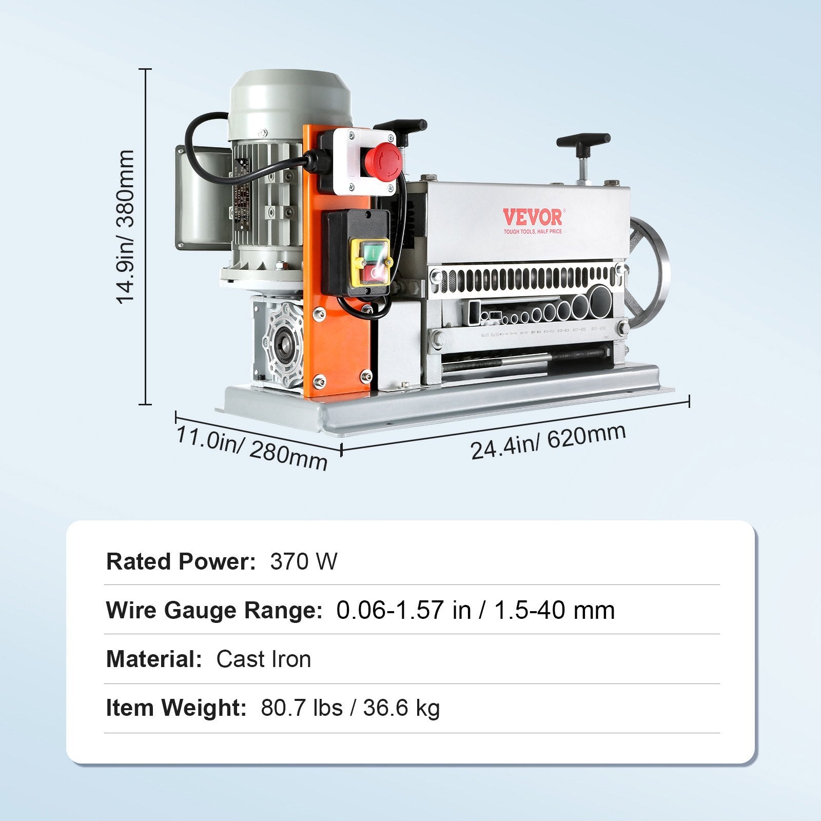 VEVOR Automatic Wire Stripping Machine, 0.06''-1.42'' Electric Motorized Cable Stripper, 370 W, 88 ft/min Wire Peeler with An Extra Manual Crank, 11 Channels for Scrap Copper Recycling 