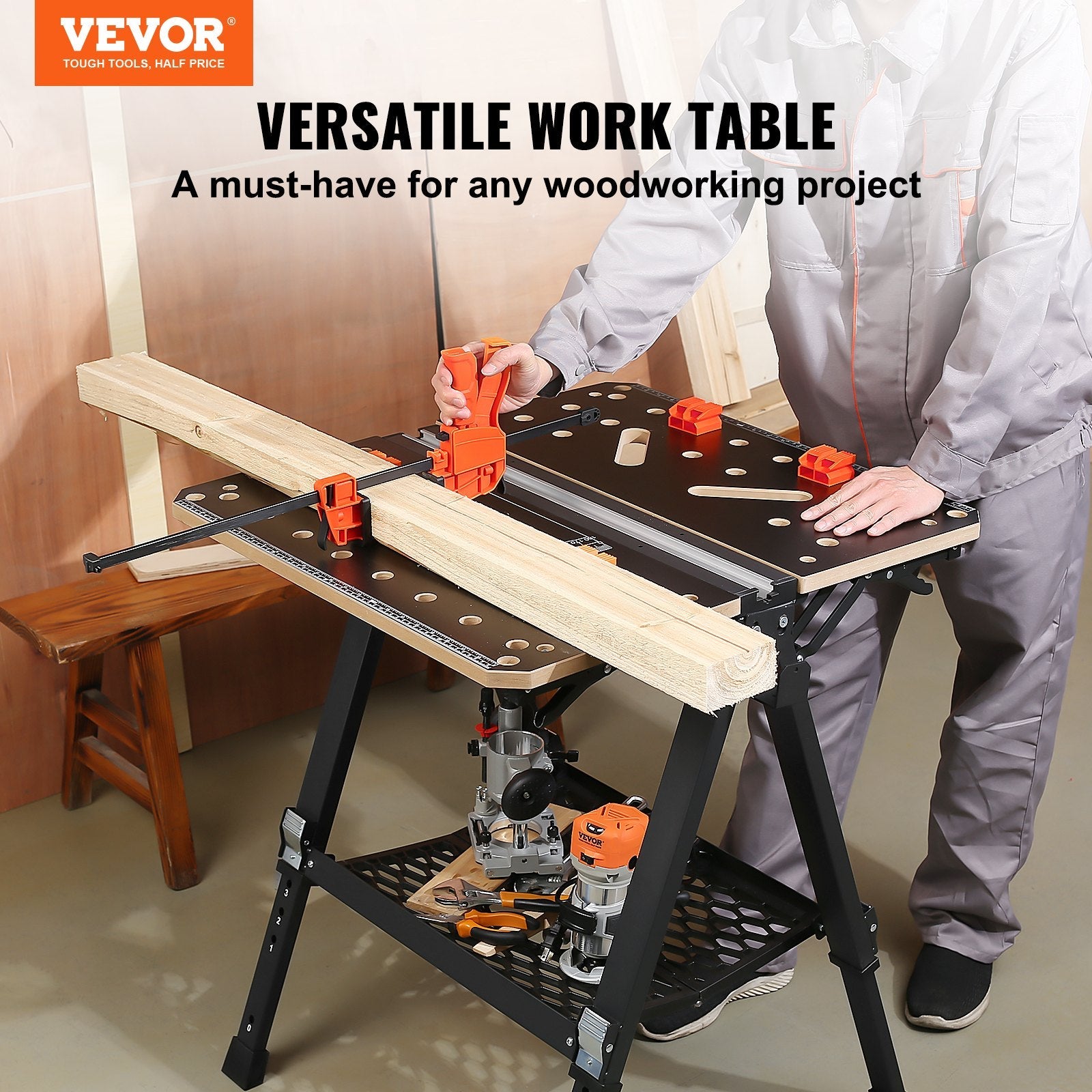 VEVOR Folding Work Table, 2-in-1 as Sawhorse & Workbench, 1000 lbs Capacity, 7 Adjustable Heights, Steel Legs, Portable Foldable Tool Stand with Wood Clamp, 4 Bench Dogs, 2 Hooks, Easy Garage Storage 