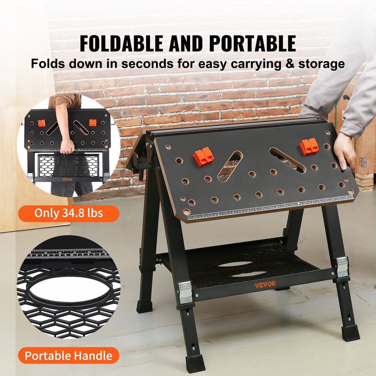 VEVOR Folding Work Table, 2-in-1 as Sawhorse & Workbench, 1000 lbs Capacity, 7 Adjustable Heights, Steel Legs, Portable Foldable Tool Stand with Wood Clamp, 4 Bench Dogs, 2 Hooks, Easy Garage Storage 