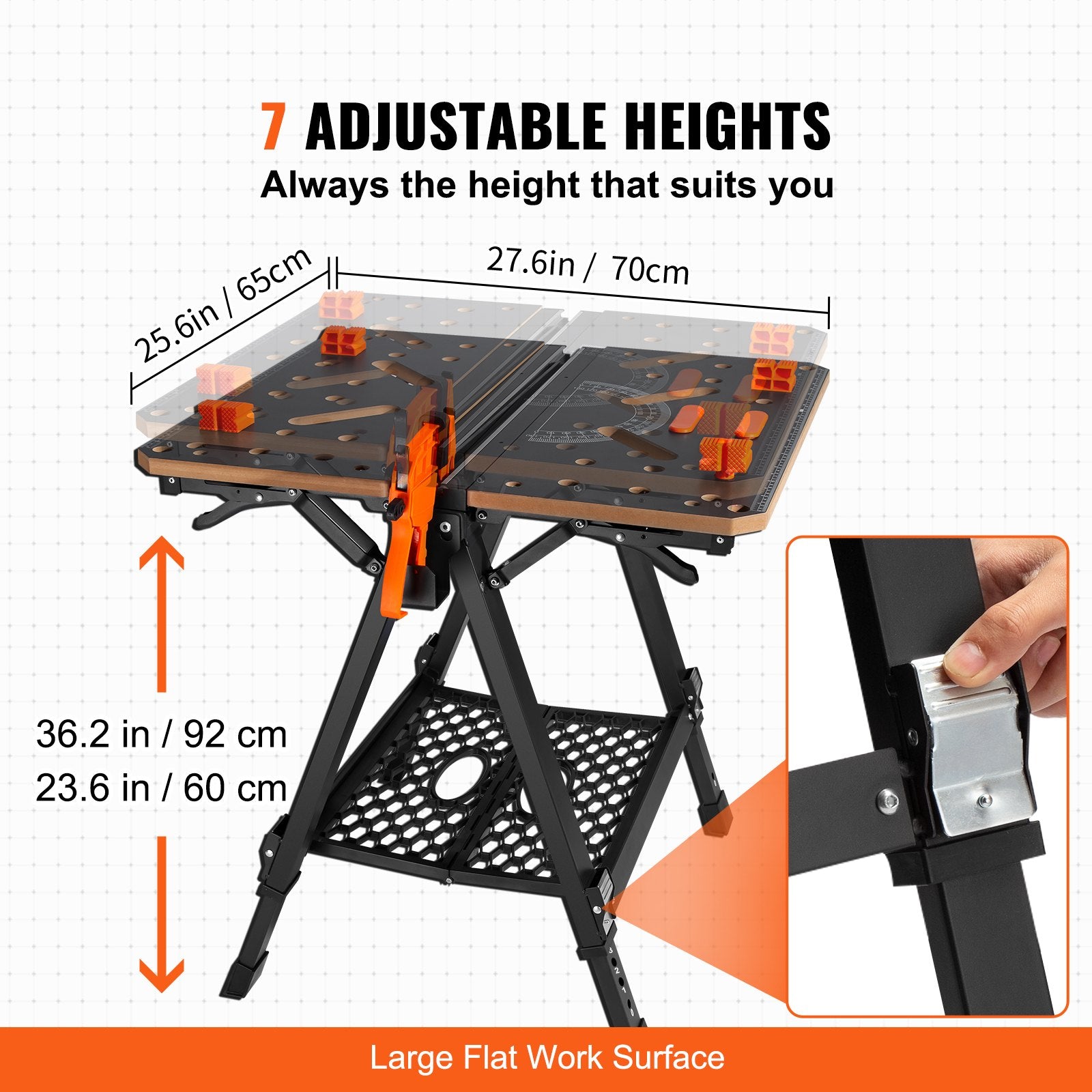 VEVOR Folding Work Table, 2-in-1 as Sawhorse & Workbench, 1000 lbs Capacity, 7 Adjustable Heights, Steel Legs, Portable Foldable Tool Stand with Wood Clamp, 4 Bench Dogs, 2 Hooks, Easy Garage Storage 