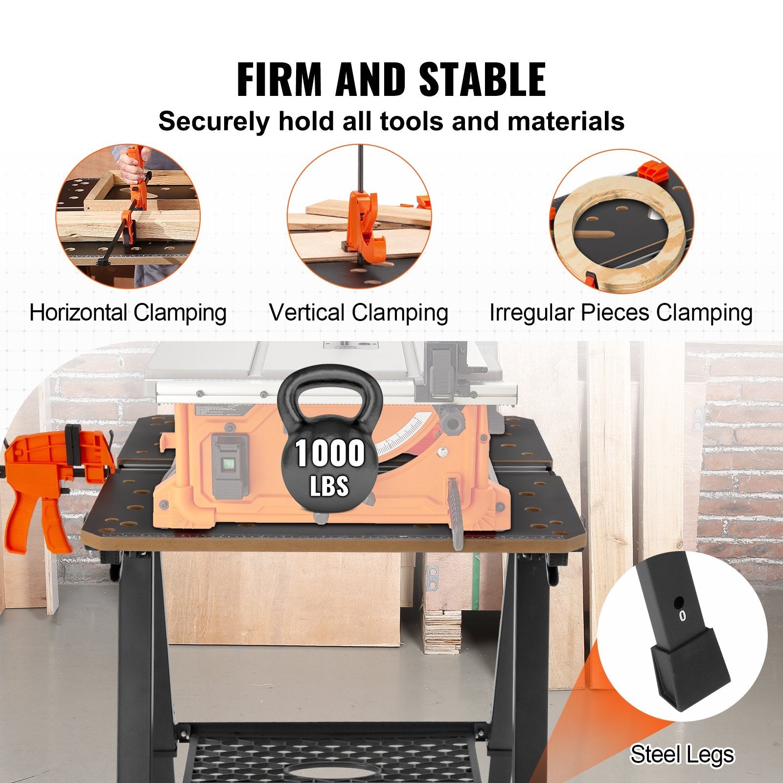 VEVOR Folding Work Table, 2-in-1 as Sawhorse & Workbench, 1000 lbs Capacity, 7 Adjustable Heights, Steel Legs, Portable Foldable Tool Stand with Wood Clamp, 4 Bench Dogs, 2 Hooks, Easy Garage Storage 