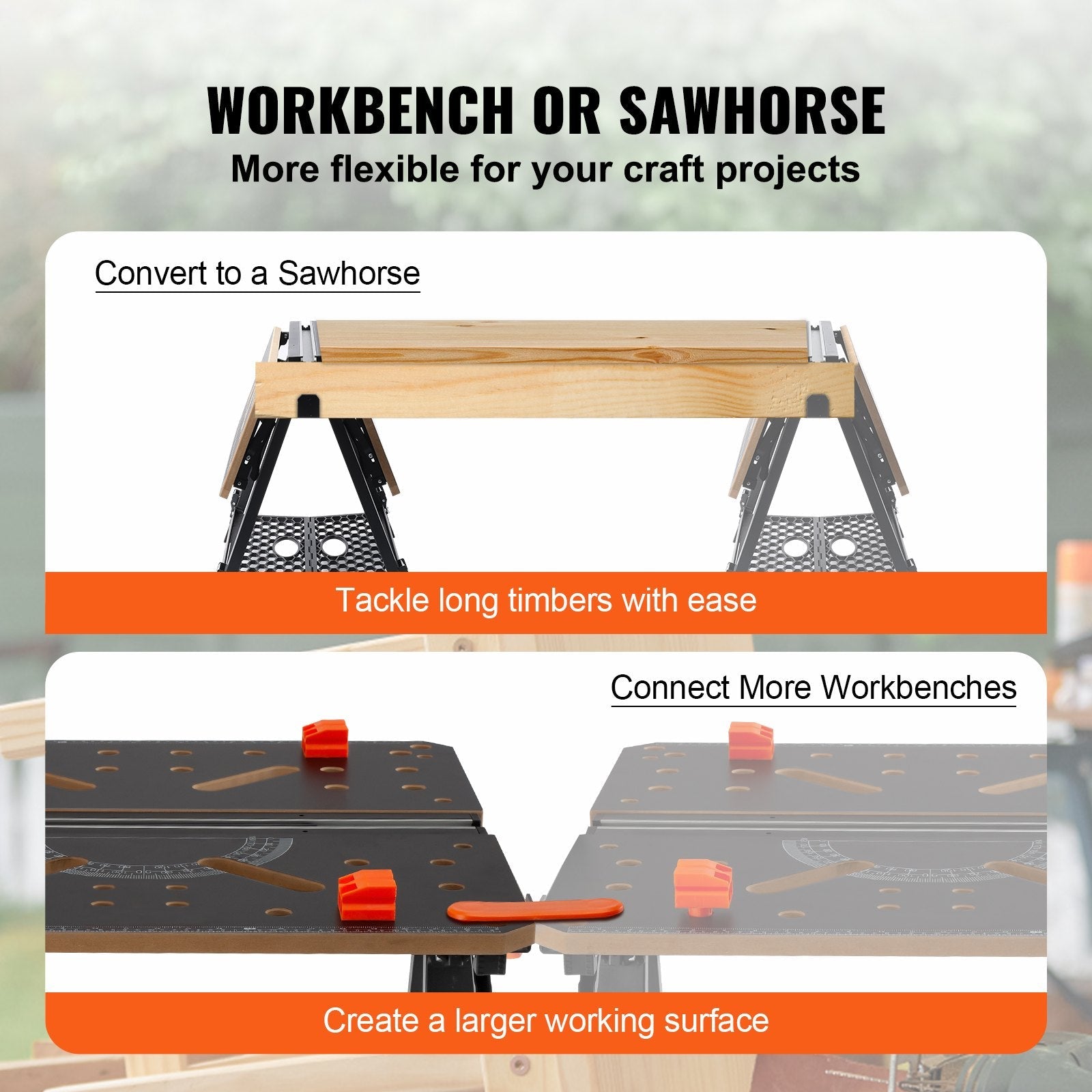 VEVOR Folding Work Table, 2-in-1 as Sawhorse & Workbench, 1000 lbs Capacity, 7 Adjustable Heights, Steel Legs, Portable Foldable Tool Stand with Wood Clamp, 4 Bench Dogs, 2 Hooks, Easy Garage Storage 