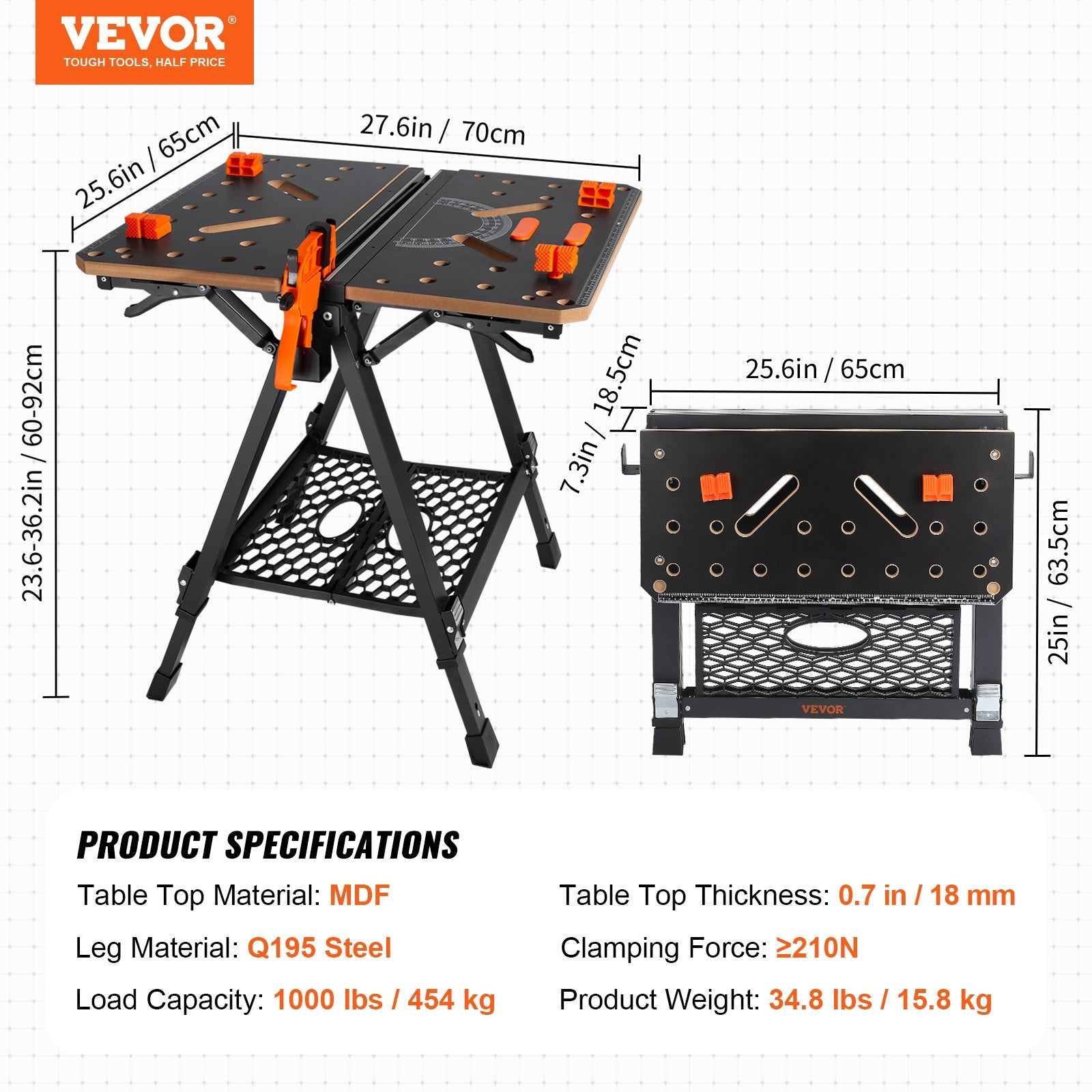 VEVOR Folding Work Table, 2-in-1 as Sawhorse & Workbench, 1000 lbs Capacity, 7 Adjustable Heights, Steel Legs, Portable Foldable Tool Stand with Wood Clamp, 4 Bench Dogs, 2 Hooks, Easy Garage Storage 