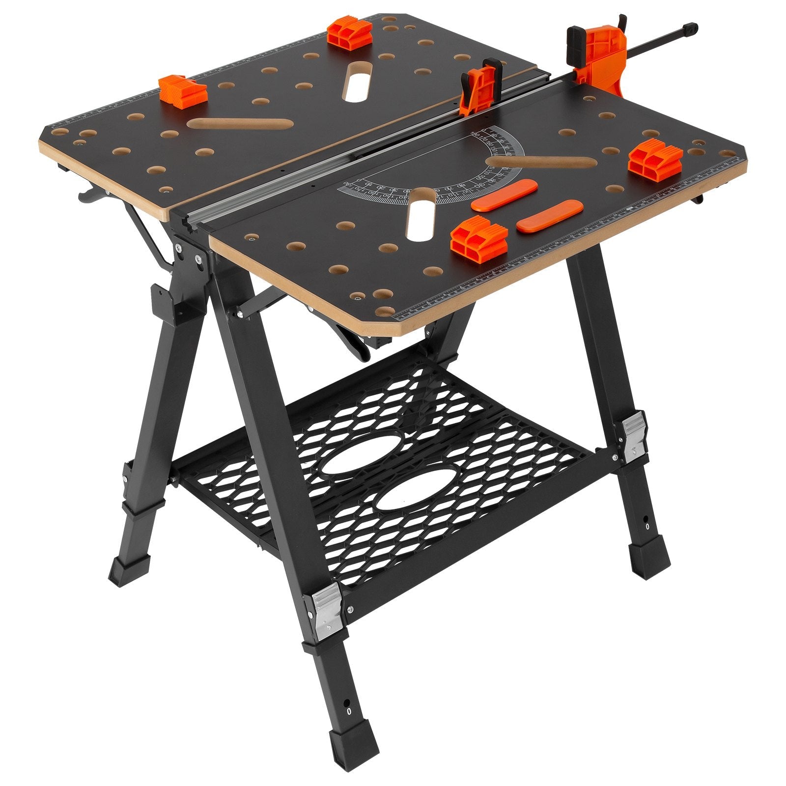 VEVOR Folding Work Table, 2-in-1 as Sawhorse & Workbench, 1000 lbs Capacity, 7 Adjustable Heights, Steel Legs, Portable Foldable Tool Stand with Wood Clamp, 4 Bench Dogs, 2 Hooks, Easy Garage Storage 