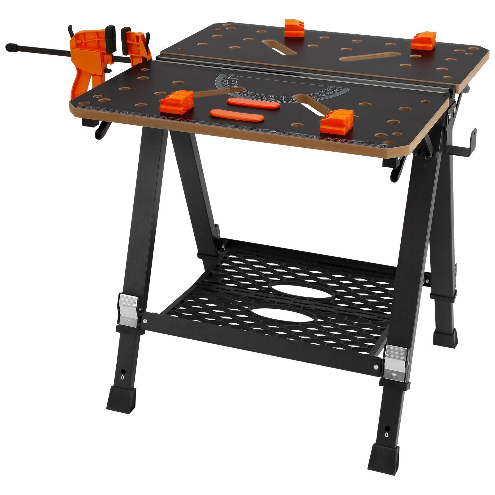 VEVOR Folding Work Table, 2-in-1 as Sawhorse & Workbench, 1000 lbs Capacity, 7 Adjustable Heights, Steel Legs, Portable Foldable Tool Stand with Wood Clamp, 4 Bench Dogs, 2 Hooks, Easy Garage Storage 