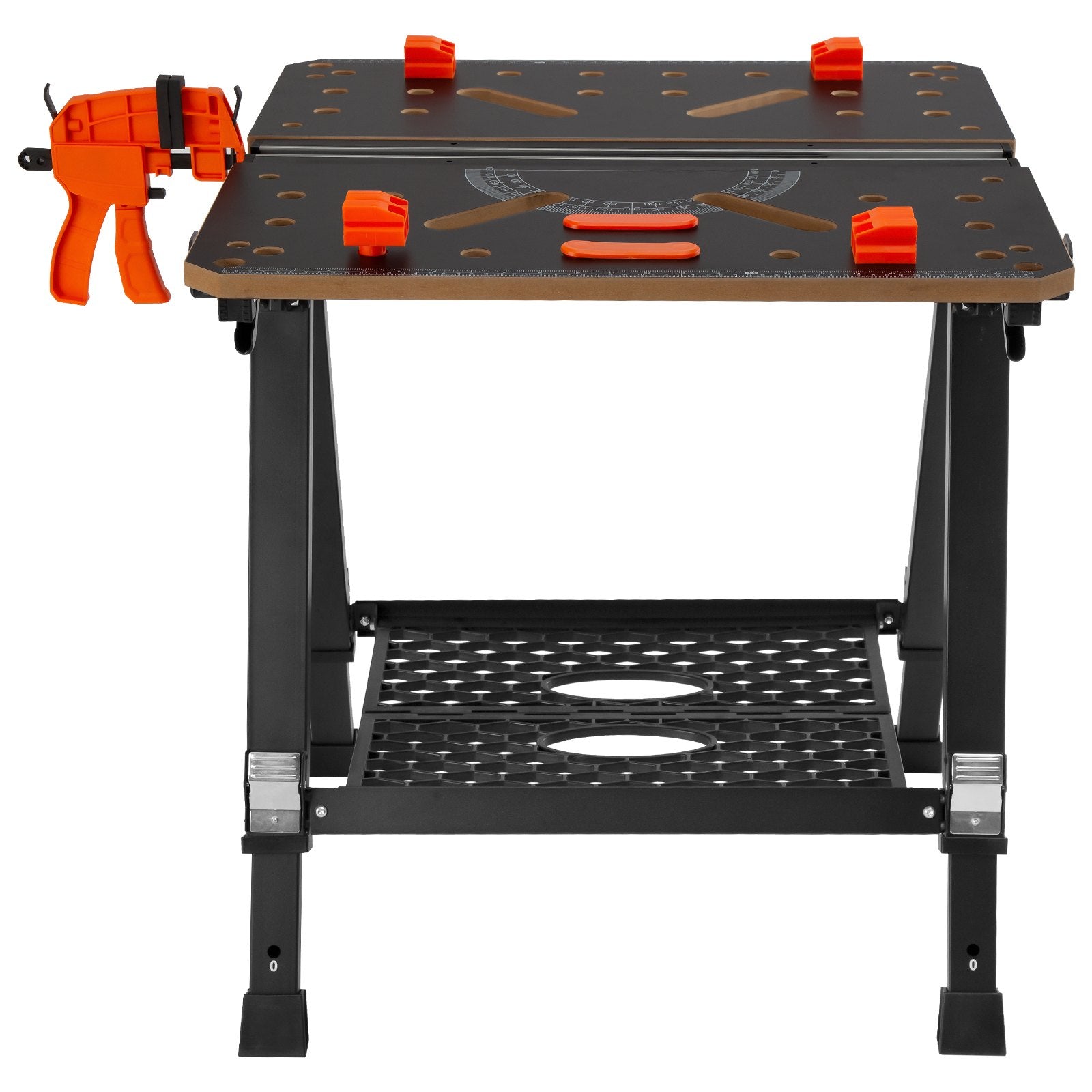 VEVOR Folding Work Table, 2-in-1 as Sawhorse & Workbench, 1000 lbs Capacity, 7 Adjustable Heights, Steel Legs, Portable Foldable Tool Stand with Wood Clamp, 4 Bench Dogs, 2 Hooks, Easy Garage Storage 
