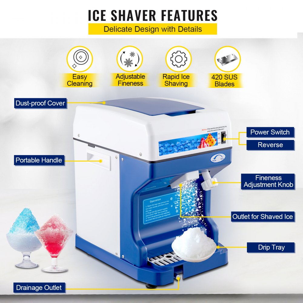 VEVOR 110V Electric Shaved Ice Machine 250W Snow Cone Maker Tabletop w/Adjustable Ice Texture, Ice Shaving Machine 265LBs/hr for Home and Commerical Use 