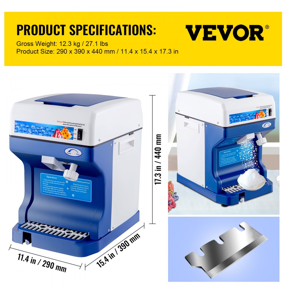 VEVOR 110V Electric Shaved Ice Machine 250W Snow Cone Maker Tabletop w/Adjustable Ice Texture, Ice Shaving Machine 265LBs/hr for Home and Commerical Use 
