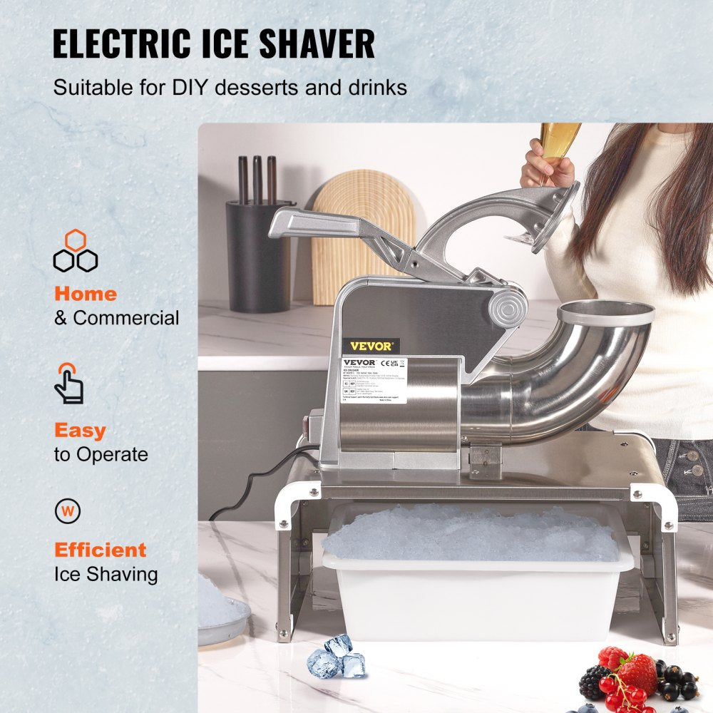 VEVOR Ice Crushers Machine, 661lbs Per Hour Electric Snow Cone Maker with 4 Blades, Stainless Steel Shaved Ice Machine with Cover, 300W Ice Shaver Machine for Margaritas, Home and Commercial Use 