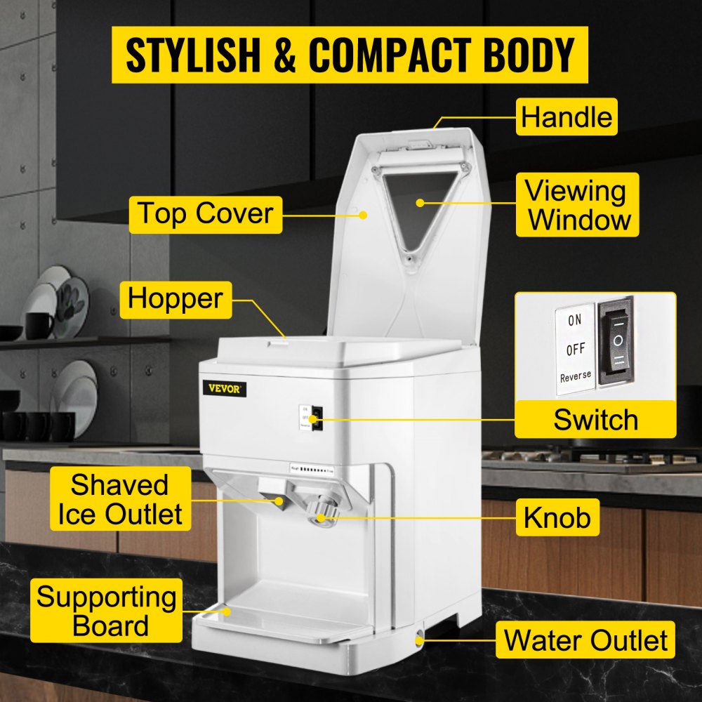 VEVOR Ice Shaver Machine Electric, Shaved Ice Machine Commercial 265 LBS/H, Snow Cone Maker w/ Ice Hopper & Lid, 250W Ice Crusher w/ Drain Pipe Tabletop Shaved Ice Maker w/ Adjustable Fineness White 