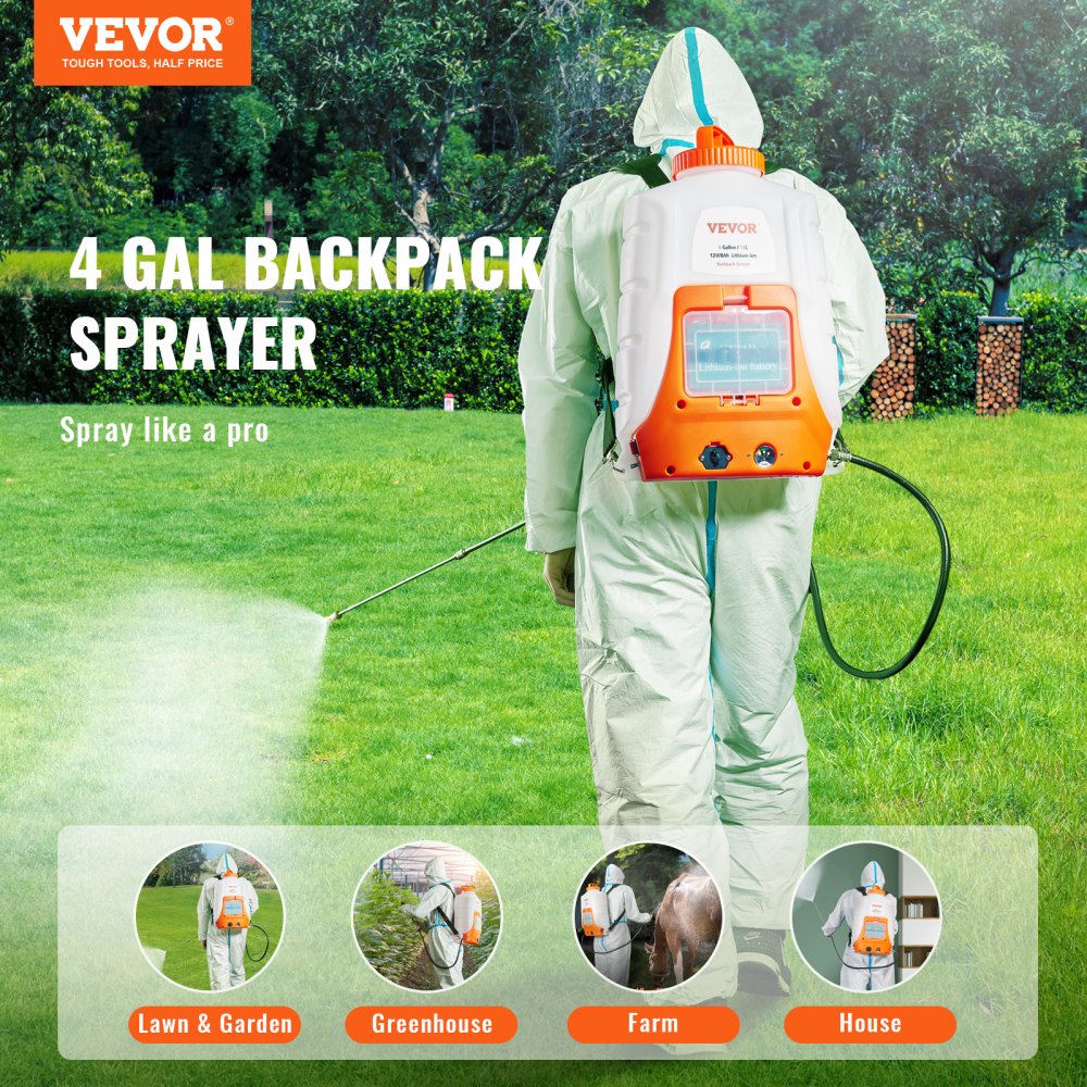 VEVOR Battery Powered Backpack Sprayer 4 Gal Tank 0-90 PSI Adjustable Pressure 