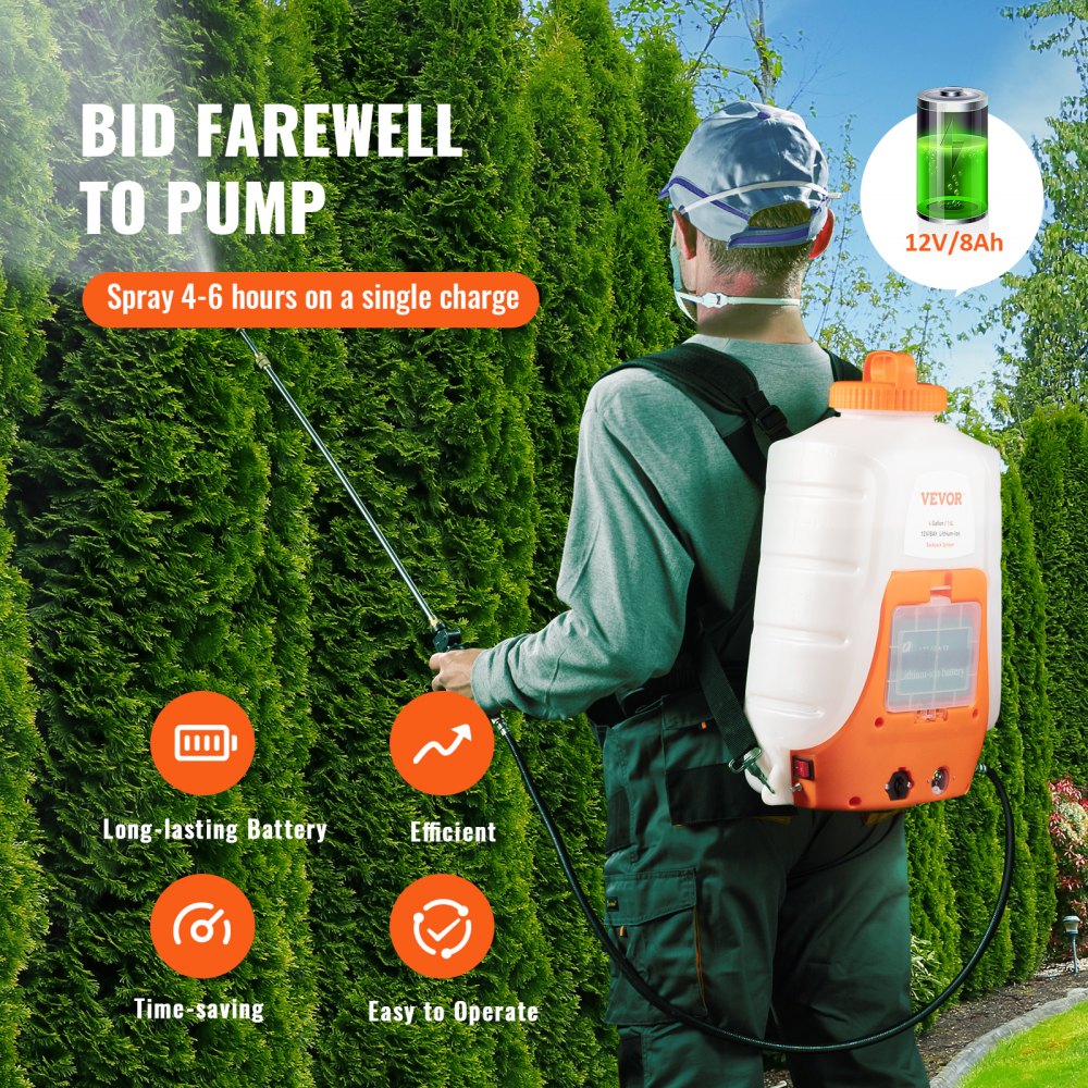 VEVOR Battery Powered Backpack Sprayer 4 Gal Tank 0-90 PSI Adjustable Pressure 