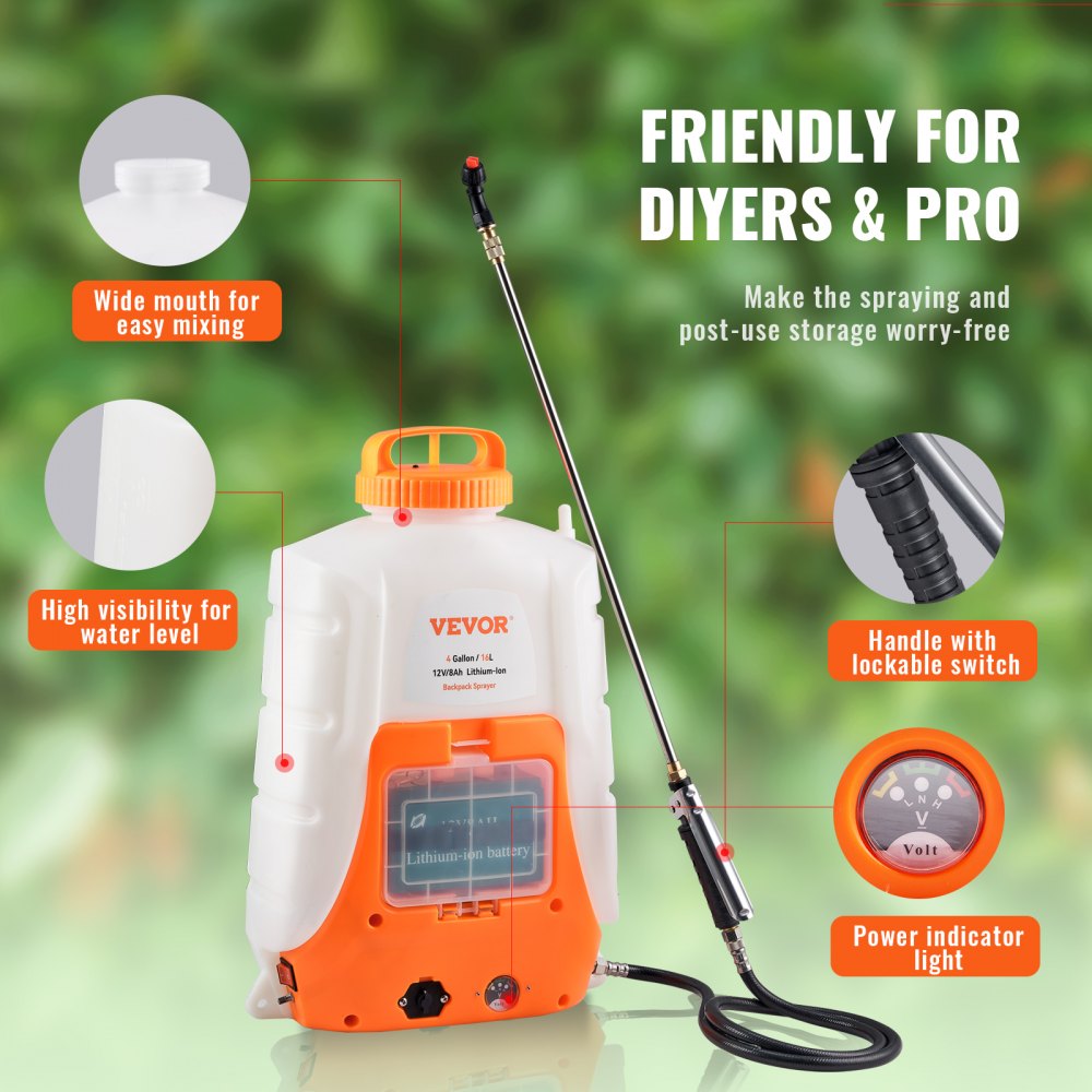 VEVOR Battery Powered Backpack Sprayer 4 Gal Tank 0-90 PSI Adjustable Pressure 