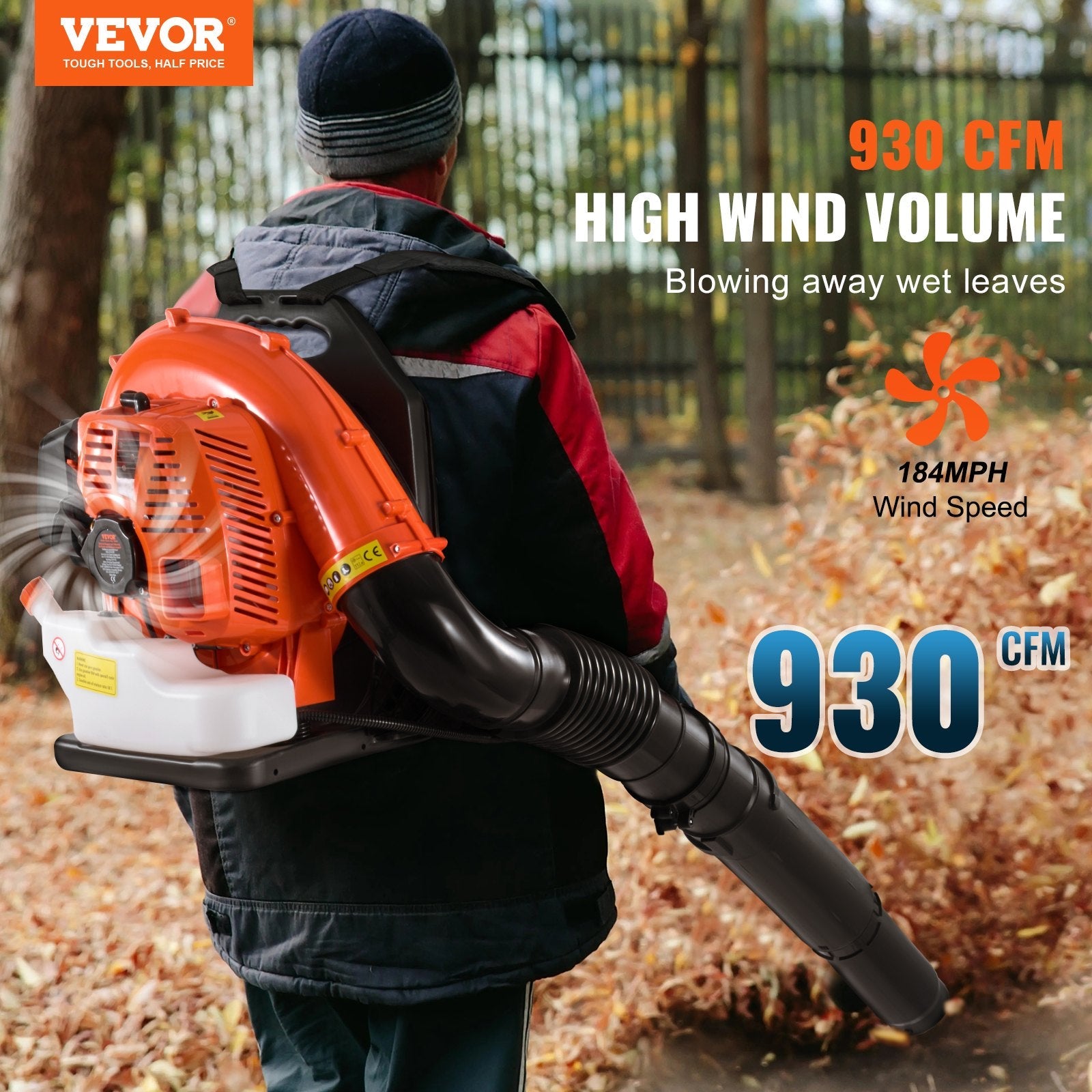 VEVOR Backpack Leaf Blower 79CC 2-Cycle Gas Leaf Blower 930CFM Air Volume 184MPH 