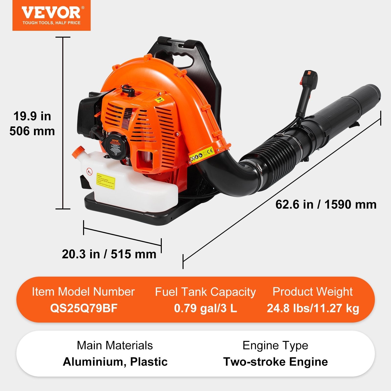 VEVOR Backpack Leaf Blower 79CC 2-Cycle Gas Leaf Blower 930CFM Air Volume 184MPH 