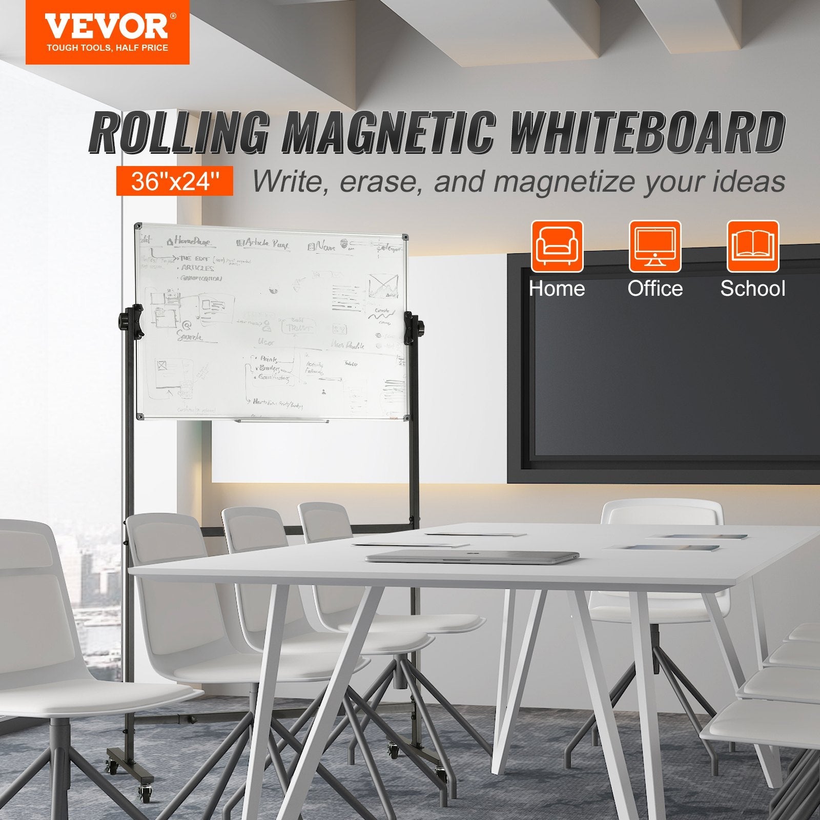 VEVOR Rolling Magnetic Whiteboard, Double-sided Mobile Whiteboard 36x24 Inches, Adjustable Height Dry Erase Board with Wheels, 1 Magnetic Erase & 3 Dry Erase Markers & Movable Tray Office, School 