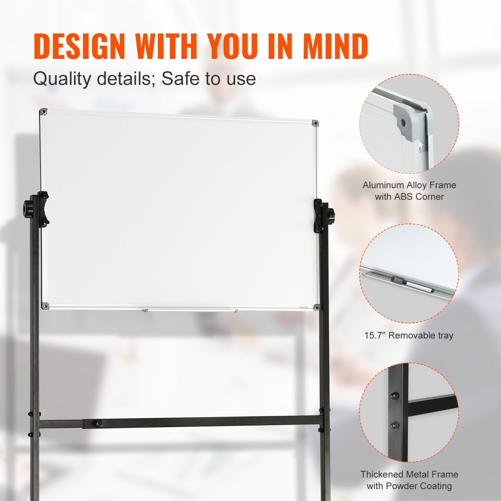 VEVOR Rolling Magnetic Whiteboard, Double-sided Mobile Whiteboard 36x24 Inches, Adjustable Height Dry Erase Board with Wheels, 1 Magnetic Erase & 3 Dry Erase Markers & Movable Tray Office, School 