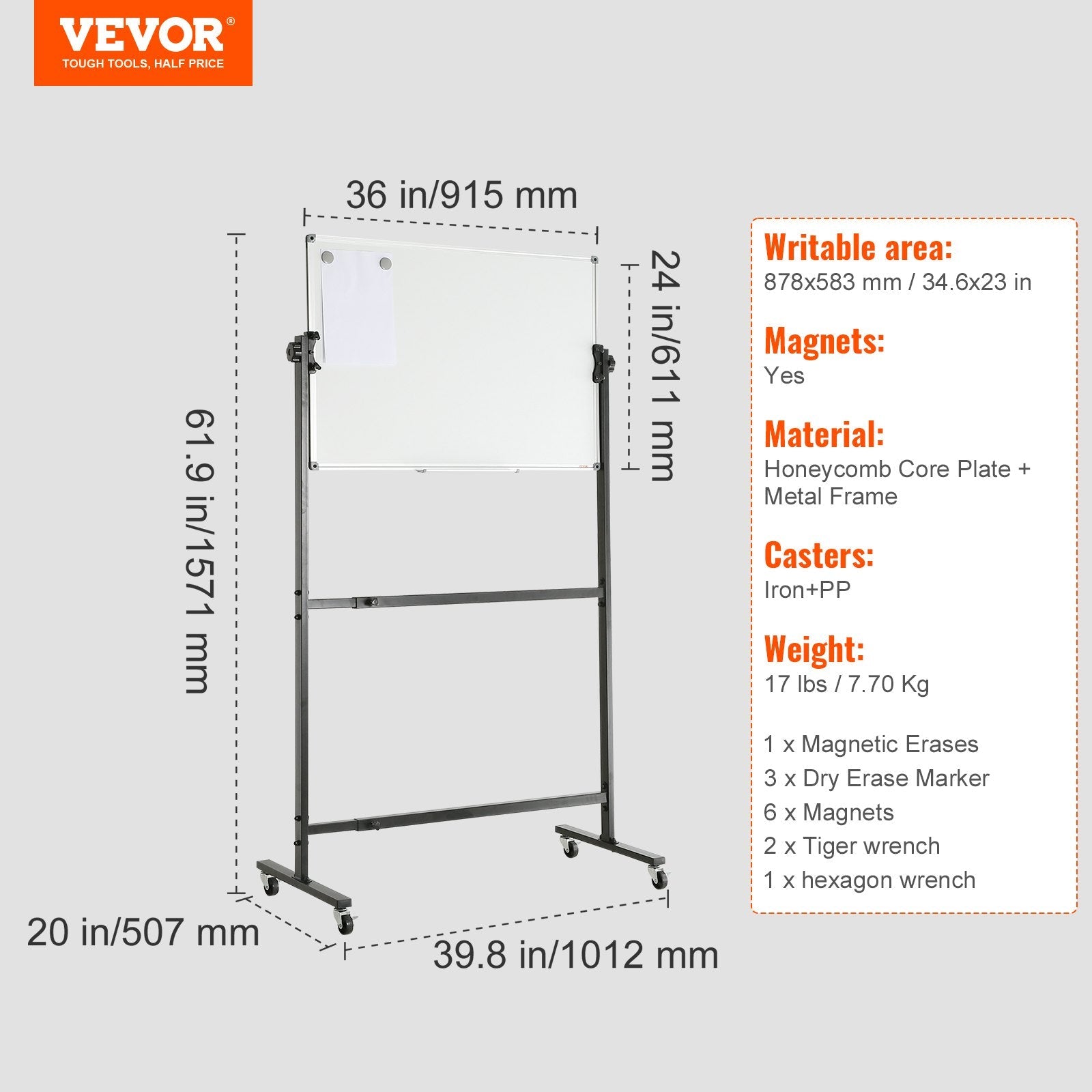 VEVOR Rolling Magnetic Whiteboard, Double-sided Mobile Whiteboard 36x24 Inches, Adjustable Height Dry Erase Board with Wheels, 1 Magnetic Erase & 3 Dry Erase Markers & Movable Tray Office, School 