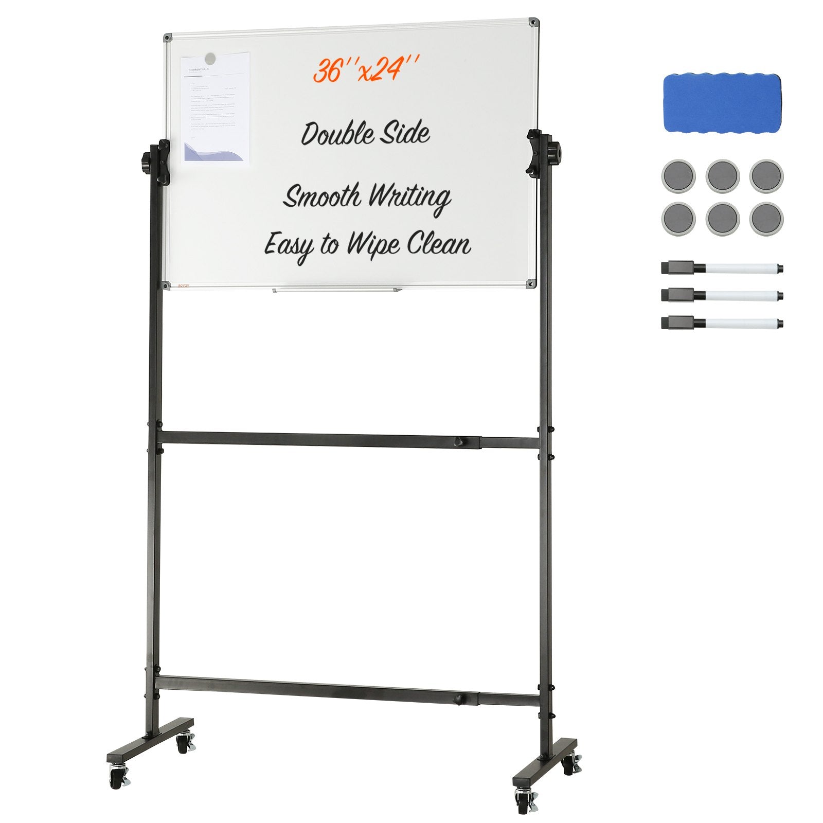 VEVOR Rolling Magnetic Whiteboard, Double-sided Mobile Whiteboard 36x24 Inches, Adjustable Height Dry Erase Board with Wheels, 1 Magnetic Erase & 3 Dry Erase Markers & Movable Tray Office, School 