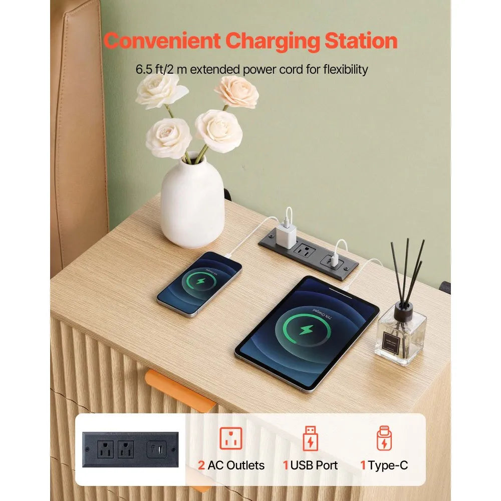 Fluted Nightstands with Charging Station – Set of 2, 3-Drawer Mid-Century Modern Bedside Tables, Khaki