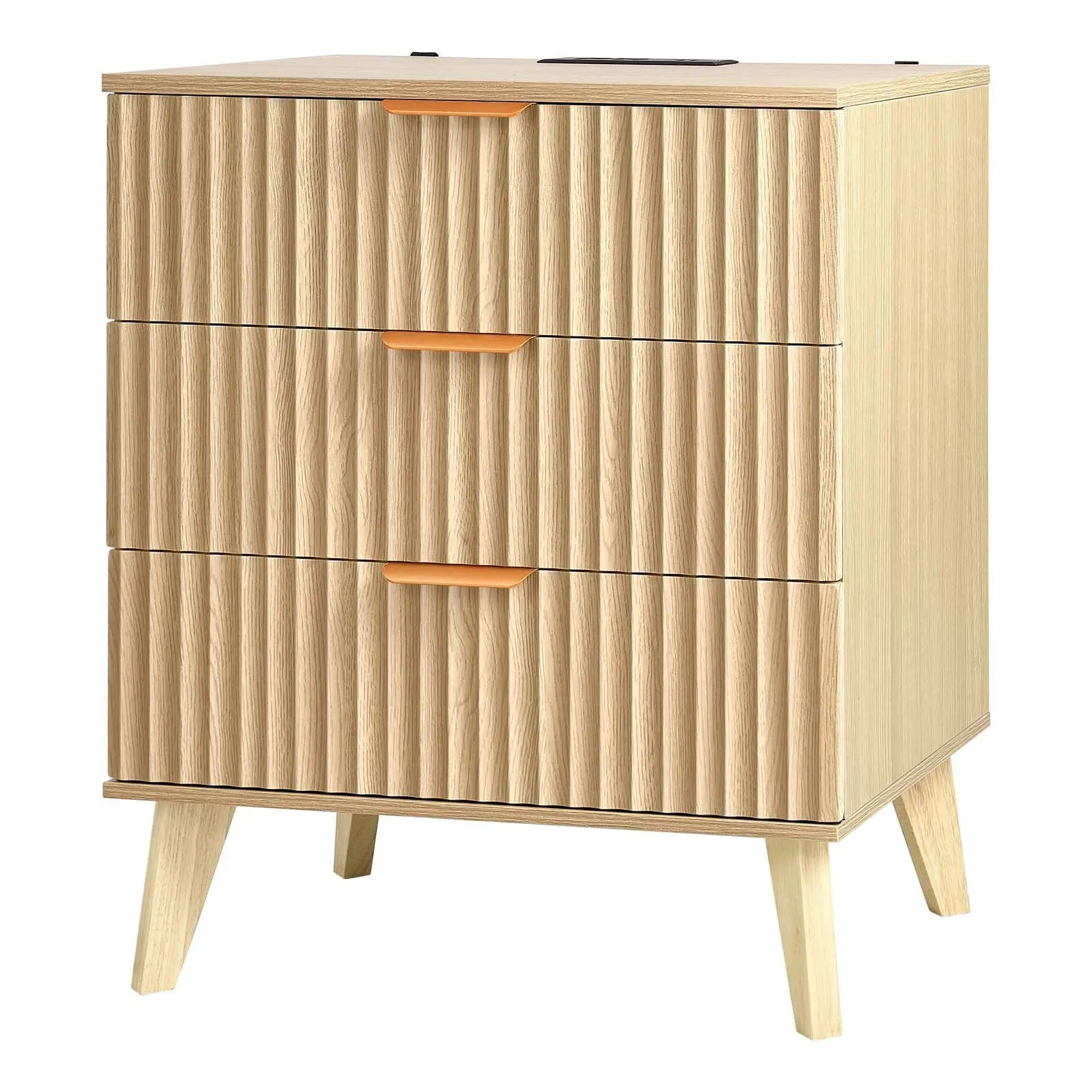 Fluted Nightstands with Charging Station – Set of 2, 3-Drawer Mid-Century Modern Bedside Tables, Khaki