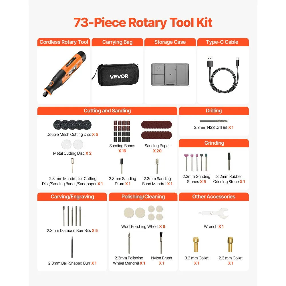VEVOR 73-Piece Cordless Rotary Tool Kit, DC4V Portable Mini Power Rotary Tool, 5-Level Speed 7000-20000 RPM Multi-Purpose DIY Tools for Engraving, Sanding, Polishing, Carving, Cutting, DIY Crafts 