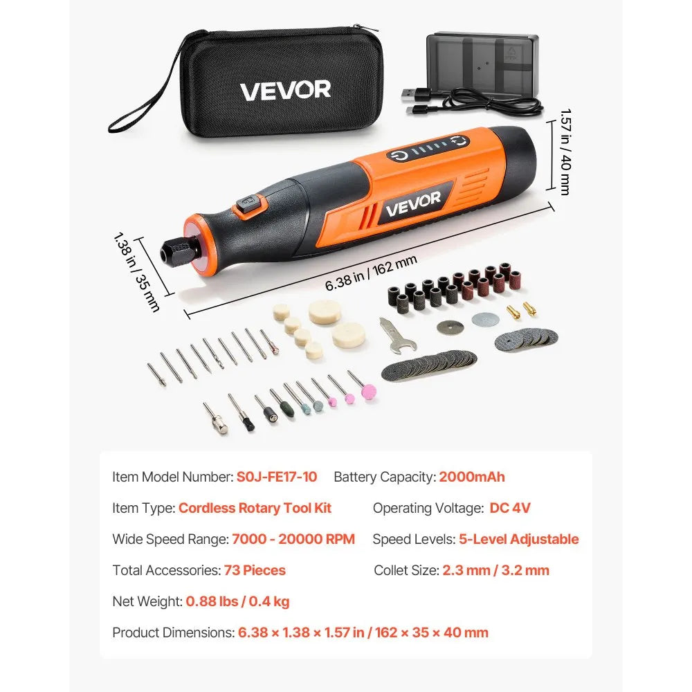 VEVOR 73-Piece Cordless Rotary Tool Kit, DC4V Portable Mini Power Rotary Tool, 5-Level Speed 7000-20000 RPM Multi-Purpose DIY Tools for Engraving, Sanding, Polishing, Carving, Cutting, DIY Crafts 