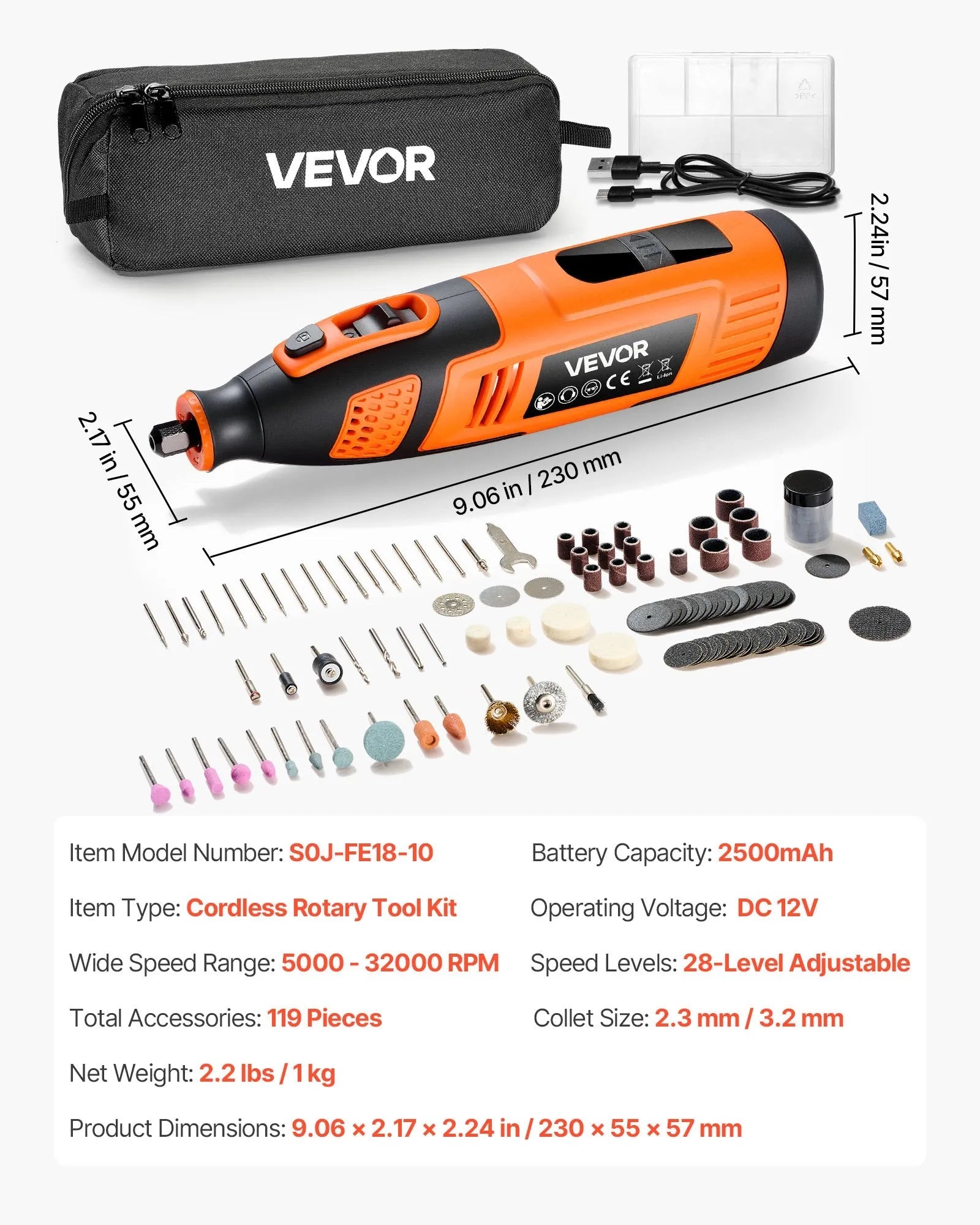 VEVOR 119-Piece Cordless Rotary Tool Kit, DC12V Portable Mini Power Rotary Tool, 28-Level Speed 5000-32000 RPM Multi-Purpose DIY Tools for Engraving, Sanding, Polishing, Carving, Cutting, DIY Crafts 