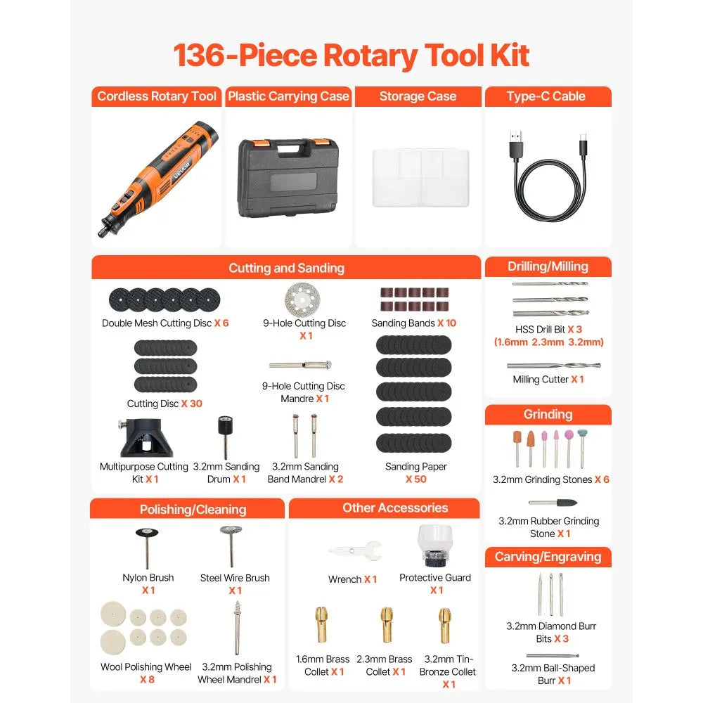 VEVOR 136-Piece Cordless Rotary Tool Kit, DC8V Portable Mini Power Rotary Tool, 5 Speeds 5000-30000RPM Multi-Purpose DIY Tools for Engraving, Sanding, Polishing, Carving, Grinding, Cutting, DIY Craft 