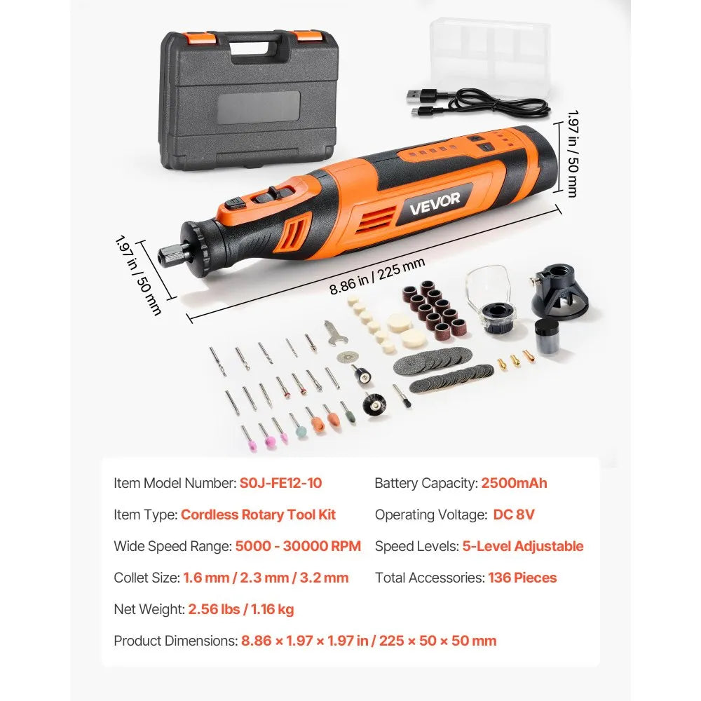 VEVOR 136-Piece Cordless Rotary Tool Kit, DC8V Portable Mini Power Rotary Tool, 5 Speeds 5000-30000RPM Multi-Purpose DIY Tools for Engraving, Sanding, Polishing, Carving, Grinding, Cutting, DIY Craft 
