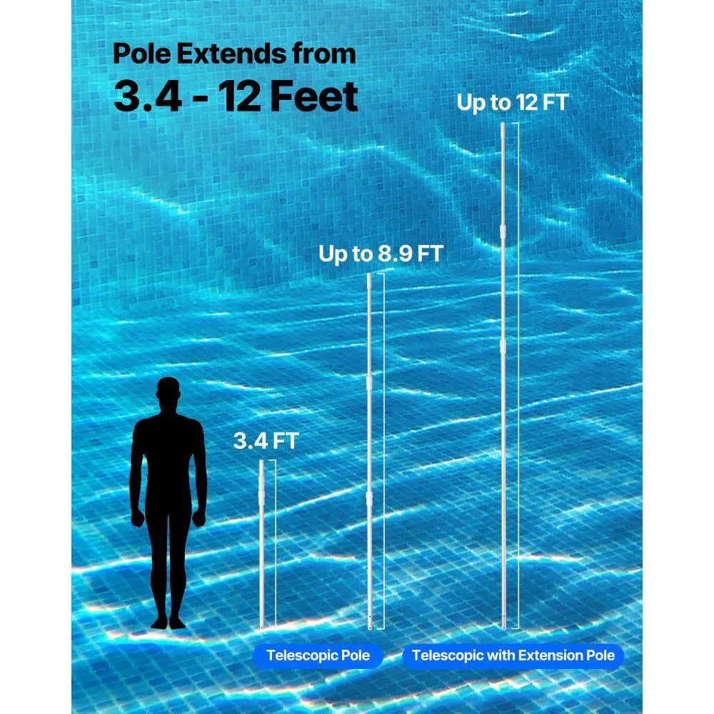12 ft Telescoping Pool Pole, Adjustable Aluminum Swimming Pool Cleaning Pole for Skimmer Nets, Brushes & Vacuum Heads