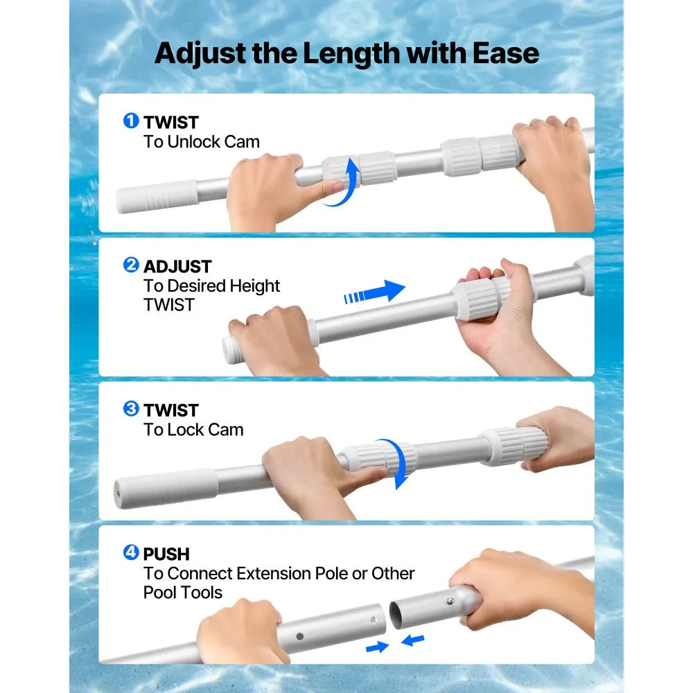 12 ft Telescoping Pool Pole, Adjustable Aluminum Swimming Pool Cleaning Pole for Skimmer Nets, Brushes & Vacuum Heads