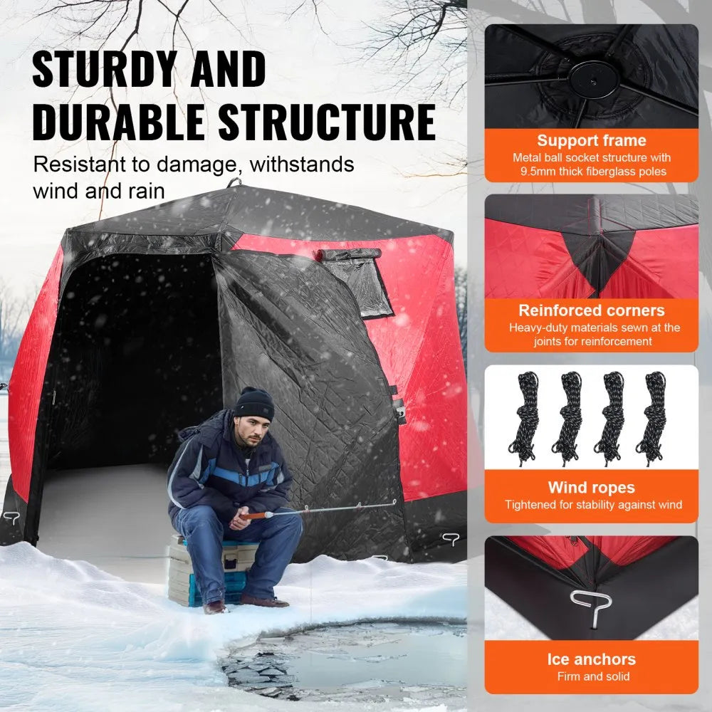 VEVOR Portable Ice Shelter, 4-6 Person Insulated Pop-Up Ice Fishing Tent, 50 Square Feet Fishable Area, Thermal Ice Shanty for Winter Fishing, Ice Cube with Anchors, Ropes, Carrying Bag, 130"x130" 