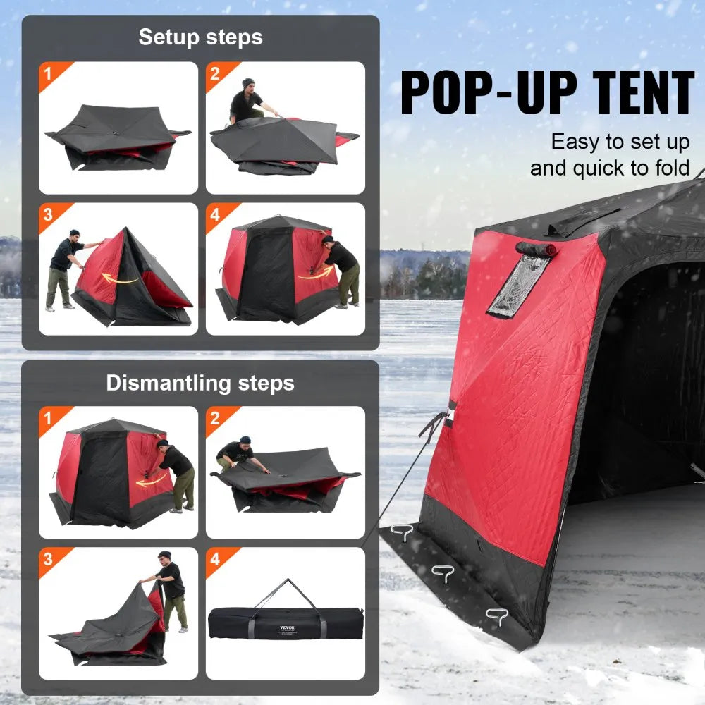 VEVOR Portable Ice Shelter, 4-6 Person Insulated Pop-Up Ice Fishing Tent, 50 Square Feet Fishable Area, Thermal Ice Shanty for Winter Fishing, Ice Cube with Anchors, Ropes, Carrying Bag, 130"x130" 