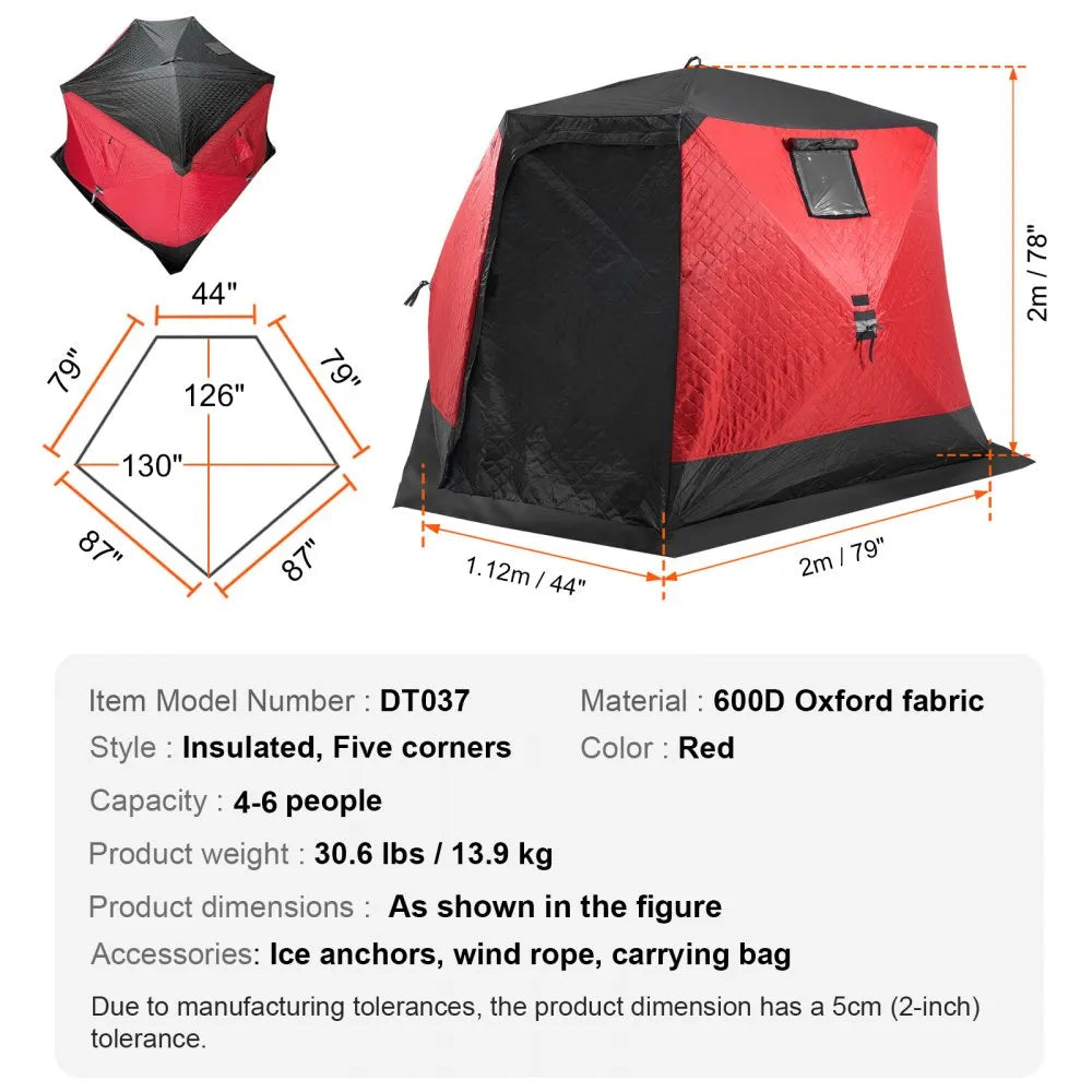 VEVOR Portable Ice Shelter, 4-6 Person Insulated Pop-Up Ice Fishing Tent, 50 Square Feet Fishable Area, Thermal Ice Shanty for Winter Fishing, Ice Cube with Anchors, Ropes, Carrying Bag, 130"x130" 