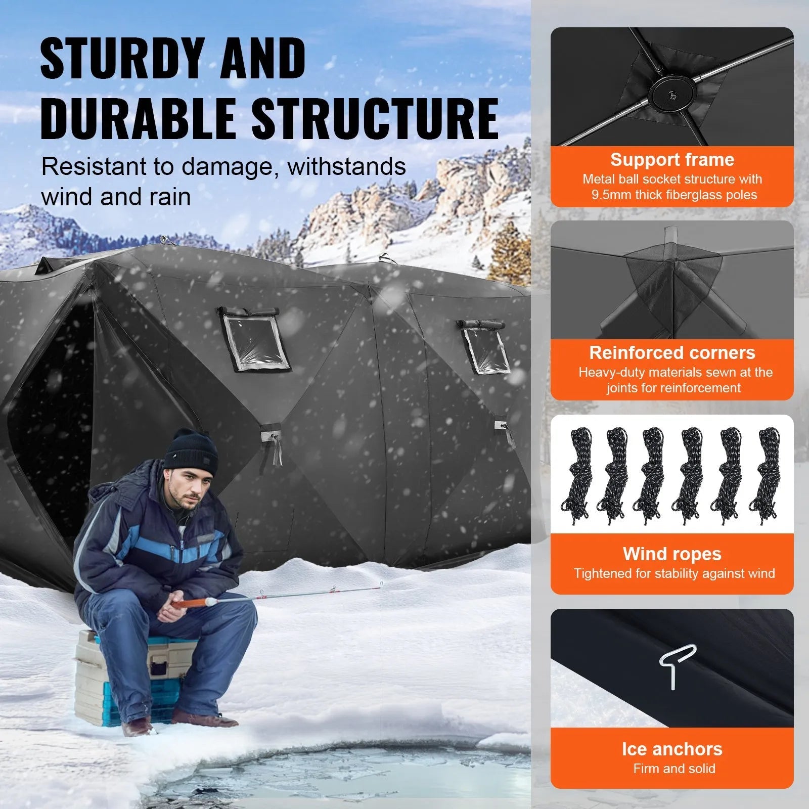 VEVOR Portable Ice Shelter, 6-8 Person Pop-Up Ice Fishing Tent, 70 Square Feet Fishable Area, Ice Shanty for Winter Fishing, Waterproof Oxford Ice Cube with Anchors/Ropes/Carrying Bag, 142"x71" Black 