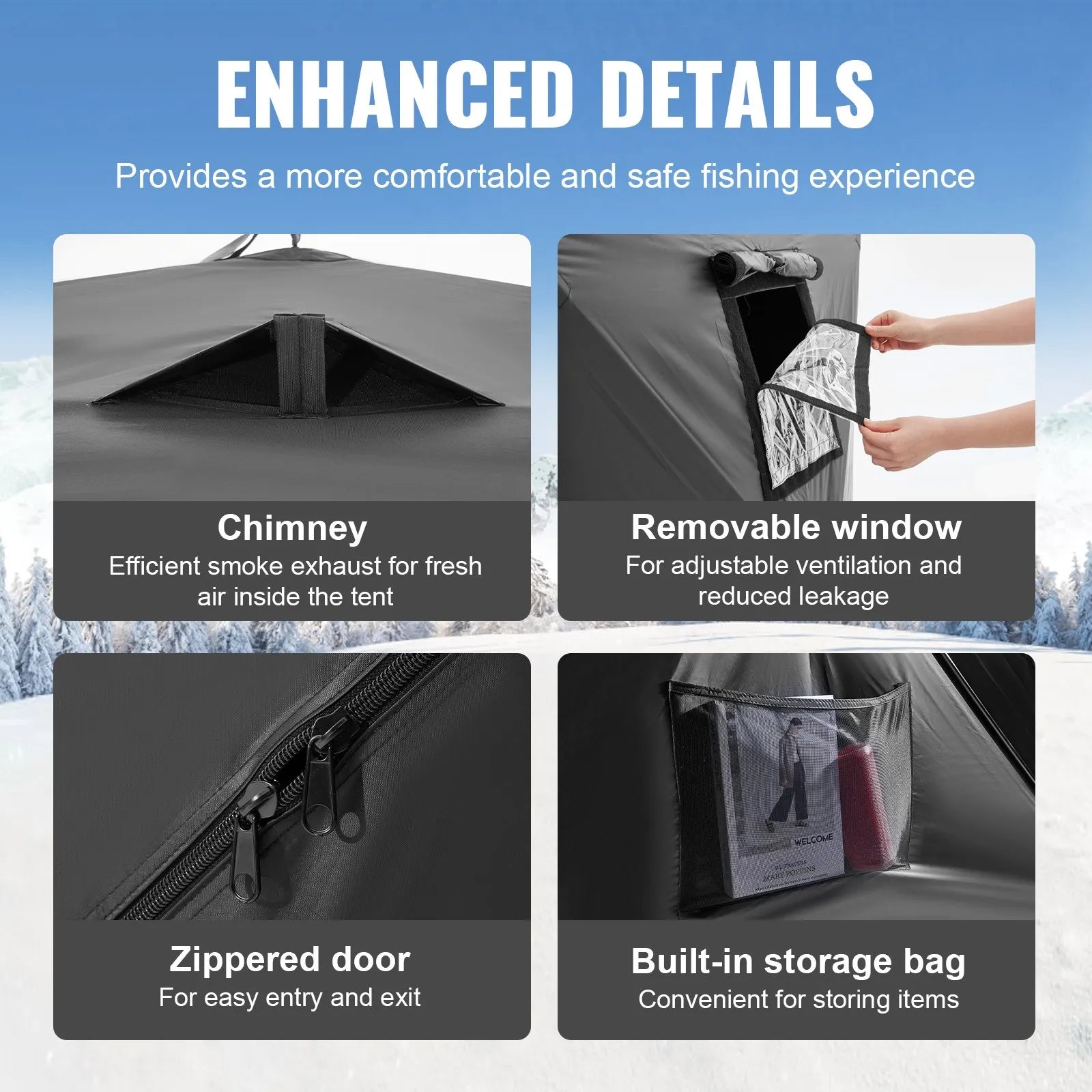 VEVOR Portable Ice Shelter, 6-8 Person Pop-Up Ice Fishing Tent, 70 Square Feet Fishable Area, Ice Shanty for Winter Fishing, Waterproof Oxford Ice Cube with Anchors/Ropes/Carrying Bag, 142"x71" Black 