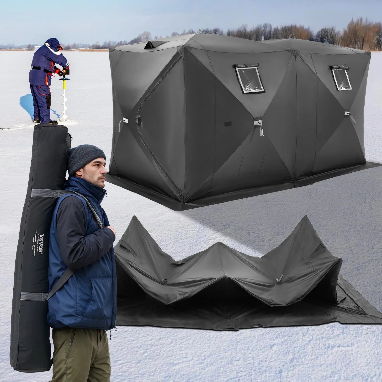 VEVOR Portable Ice Shelter, 6-8 Person Pop-Up Ice Fishing Tent, 70 Square Feet Fishable Area, Ice Shanty for Winter Fishing, Waterproof Oxford Ice Cube with Anchors/Ropes/Carrying Bag, 142"x71" Black 