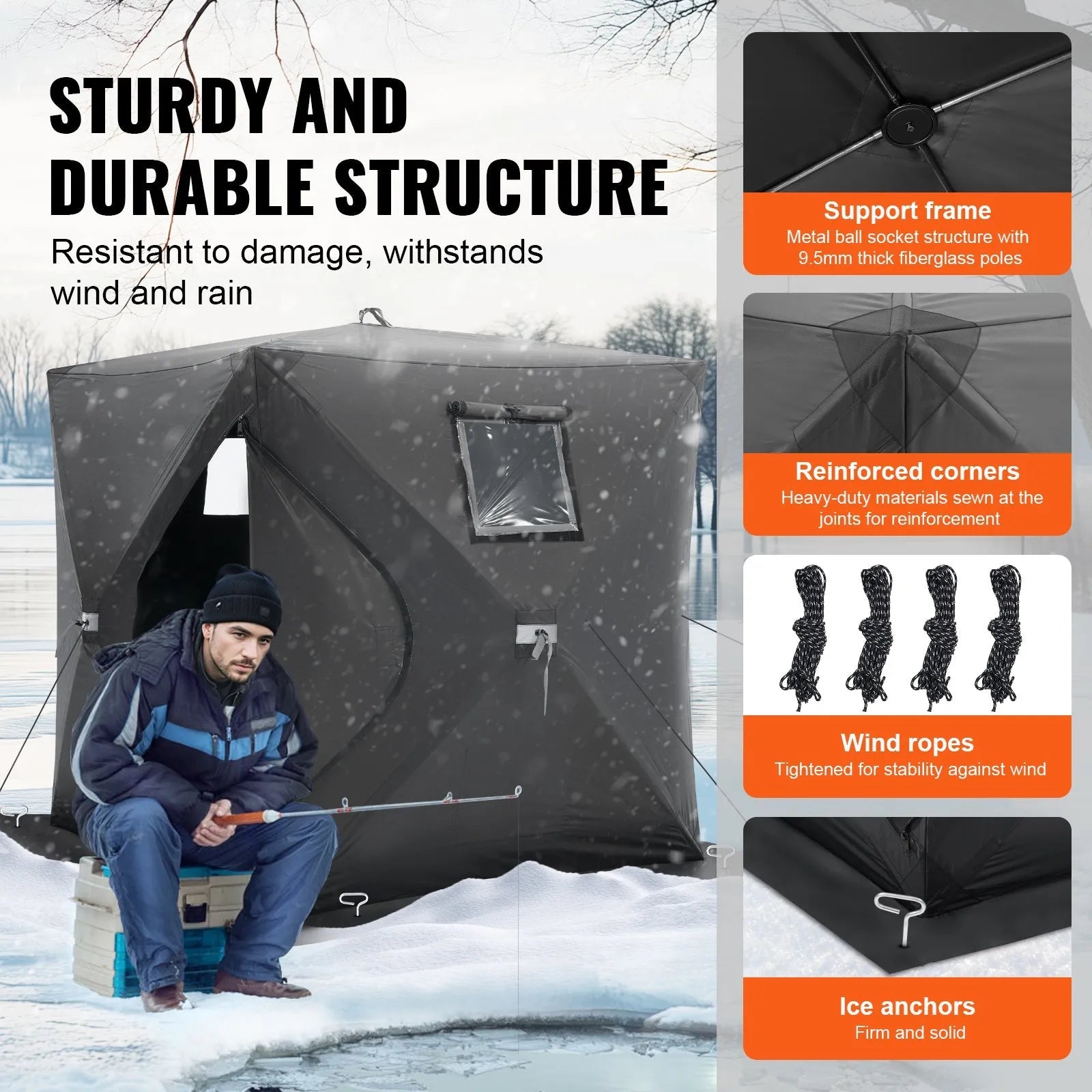 VEVOR Portable Ice Shelter, 1-2 Person Pop-Up Ice Fishing Tent, 24 Square Feet Fishable Area, Ice Shanty for Winter Fishing, Waterproof Oxford Ice Cube with Anchors/Ropes/Carrying Bag, 60"x60", Black 